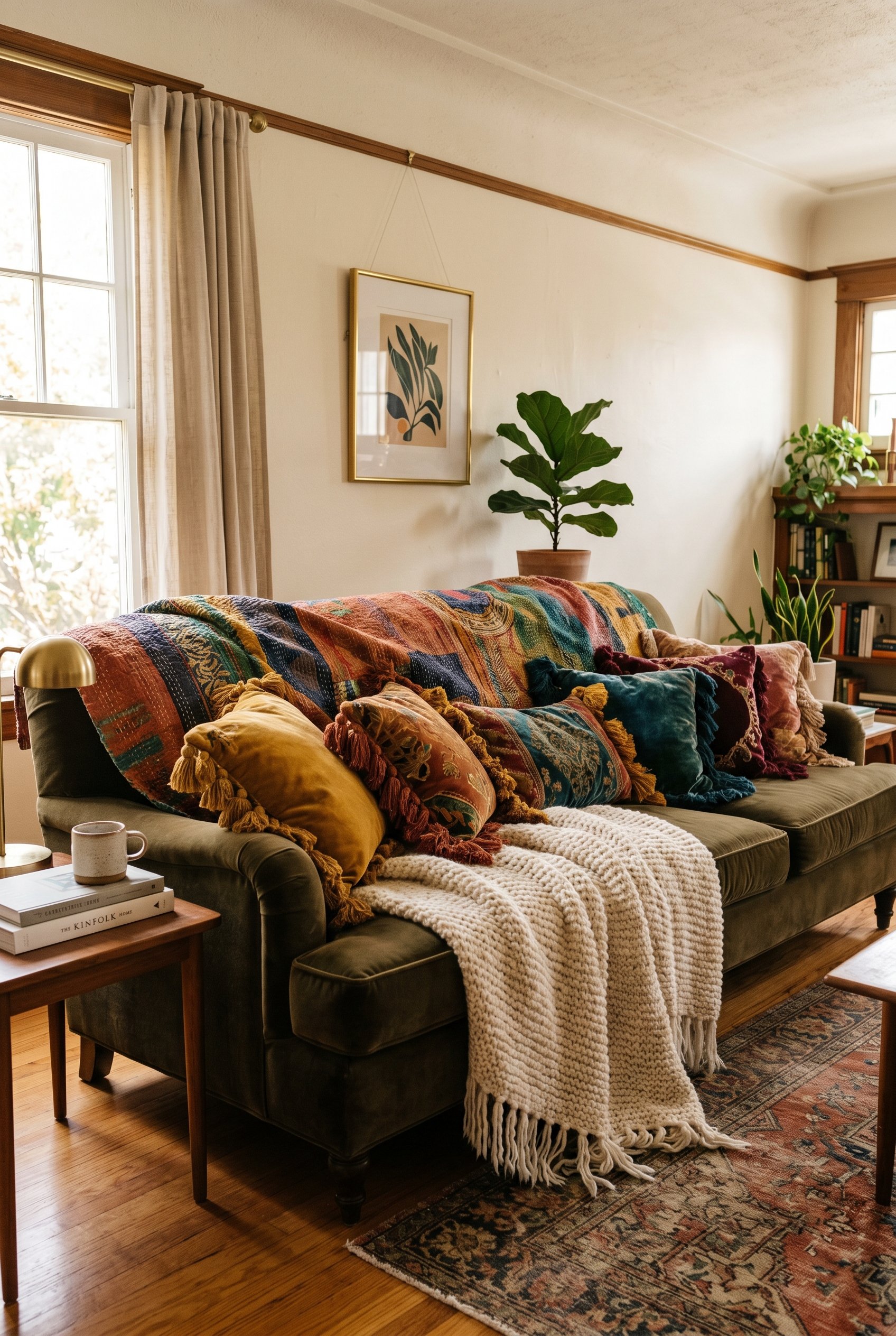 Photorealistic interior photo. A velvet sofa completely piled with a chaotic but curated mix of textiles. Chunky knit wool throws, a colorful kantha quilt draped over the back, and multiple heavily fr