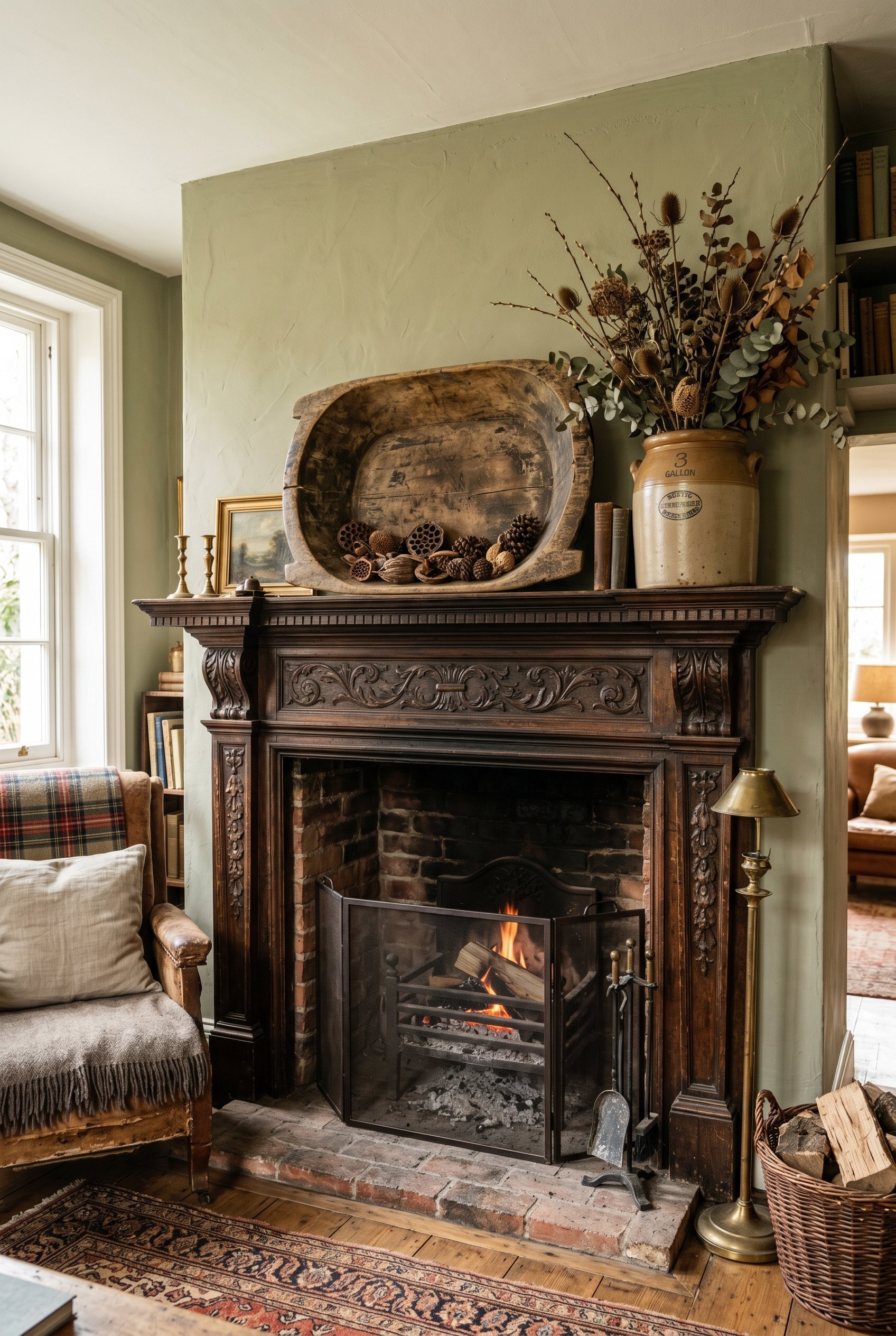 Photorealistic interior photo. A very deep, traditional carved wood fireplace mantel. Styled with a massive, distressed vintage wooden dough bowl and an oversized chunky stoneware crock. Warm, histori