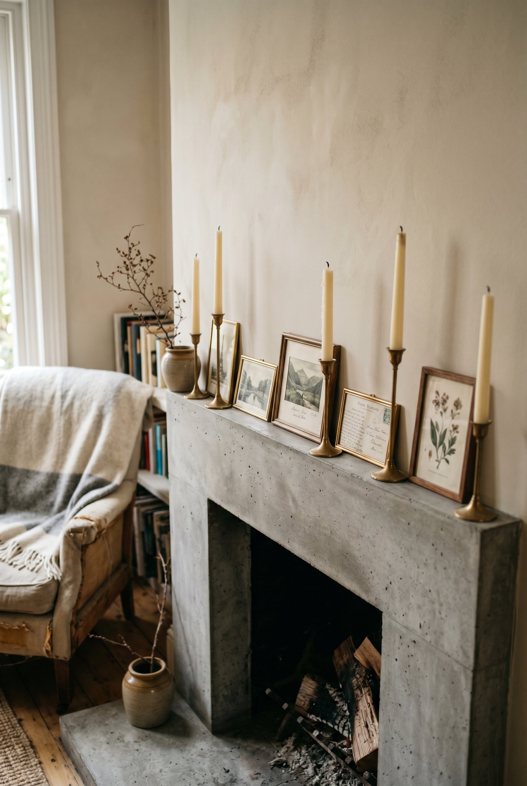 Photorealistic interior photo. A very shallow, narrow modern concrete fireplace mantel. Styled tightly with thin unlacquered brass taper candles and tiny framed vintage postcards. Natural daylight, sl