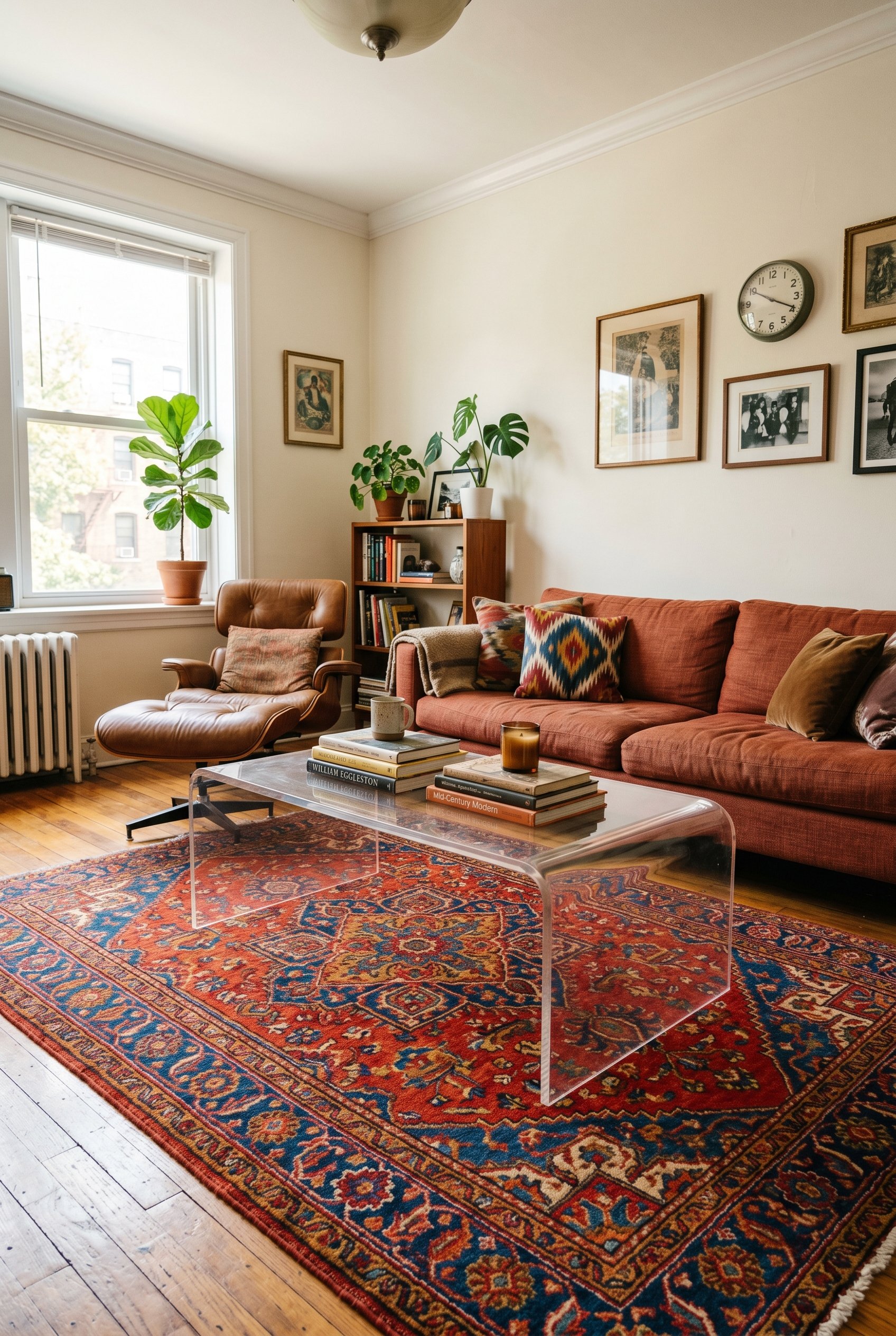 Photorealistic interior photo. A vibrant, loud patterned vintage rug covers the floor. A completely clear, vintage 1980s acrylic waterfall coffee table sits in the center, allowing the rug pattern to 
