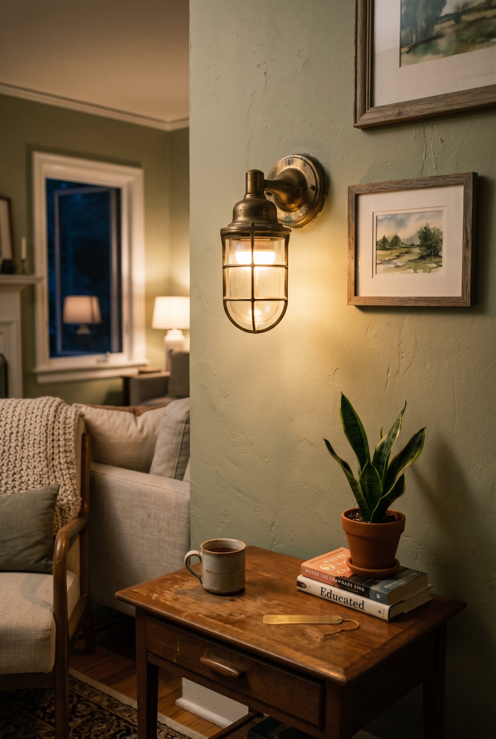 Photorealistic interior photo. A vintage brass wall sconce fitted with a battery-operated puck light, glowing warmly above a thrifted side table. Cinematic moody lighting, close-up angle. Editorial ph