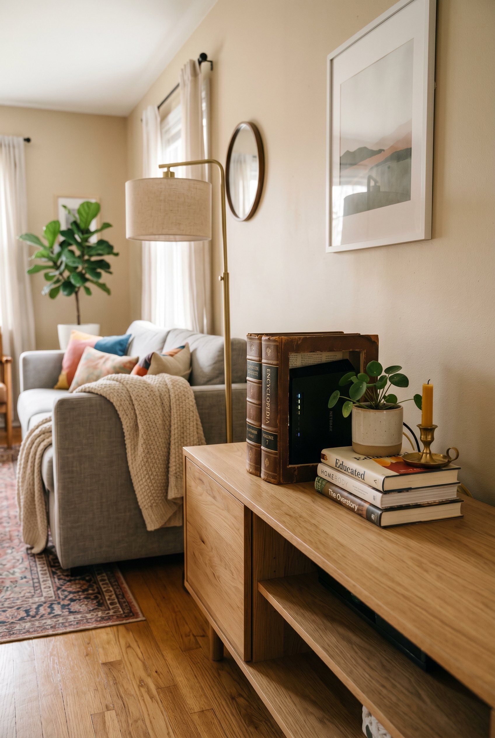 Photorealistic interior photo. A vintage, hollowed-out encyclopedia sitting on a modern wooden media console, cleverly hiding a wifi router. Soft ambient room lighting, eye-level angle. Editorial phot