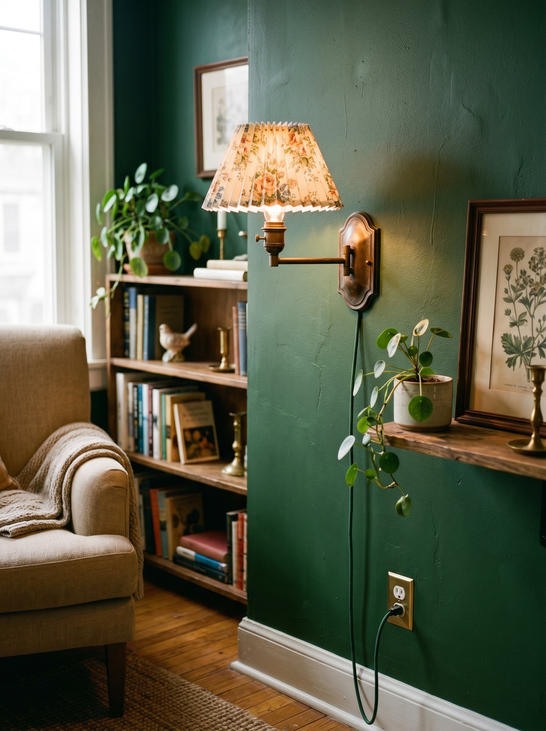 Photorealistic interior photo. A vintage unlacquered brass plug-in wall sconce with a pleated floral cotton mini shade, glowing warmly against a moody green wall. Editorial photography style, no peopl