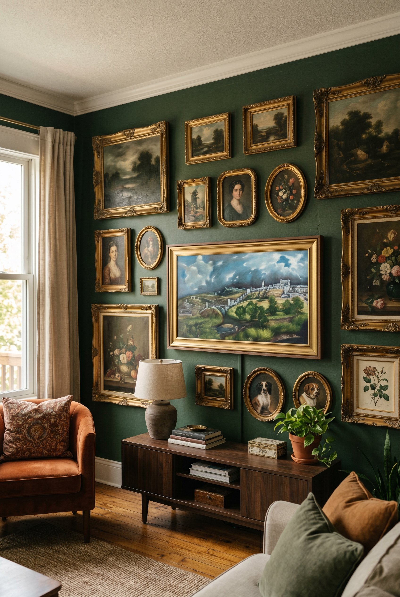 Photorealistic interior photo. A wall painted deep green features an asymmetrical gallery wall of heavily ornate vintage brass frames with oil paintings. In the center is a modern flat screen TV displ