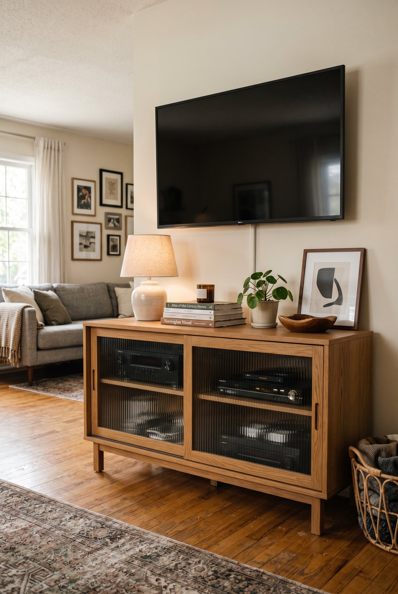 Photorealistic interior photo. A wooden media console cabinet with fluted, reeded glass doors. Blurry shapes of electronics are visible behind the textured glass. Soft lighting, editorial photography 