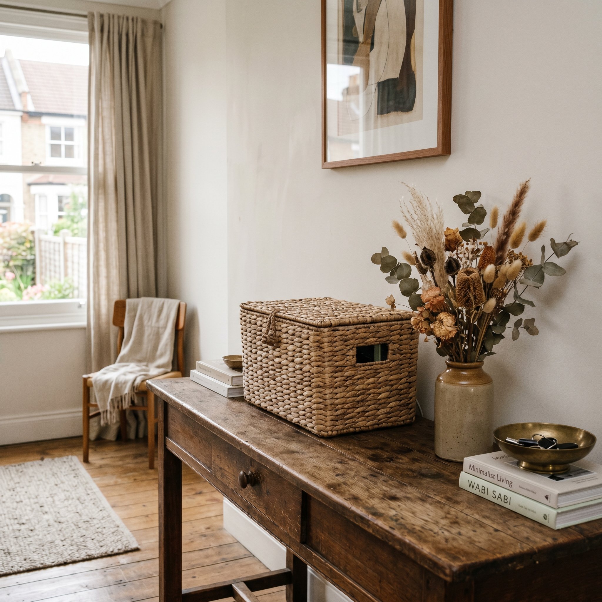 Photorealistic interior photo. A woven lidded wicker basket sitting on a vintage wooden console table, cleverly hiding a wifi router. Dried florals in a vase next to it. Editorial photography style, n