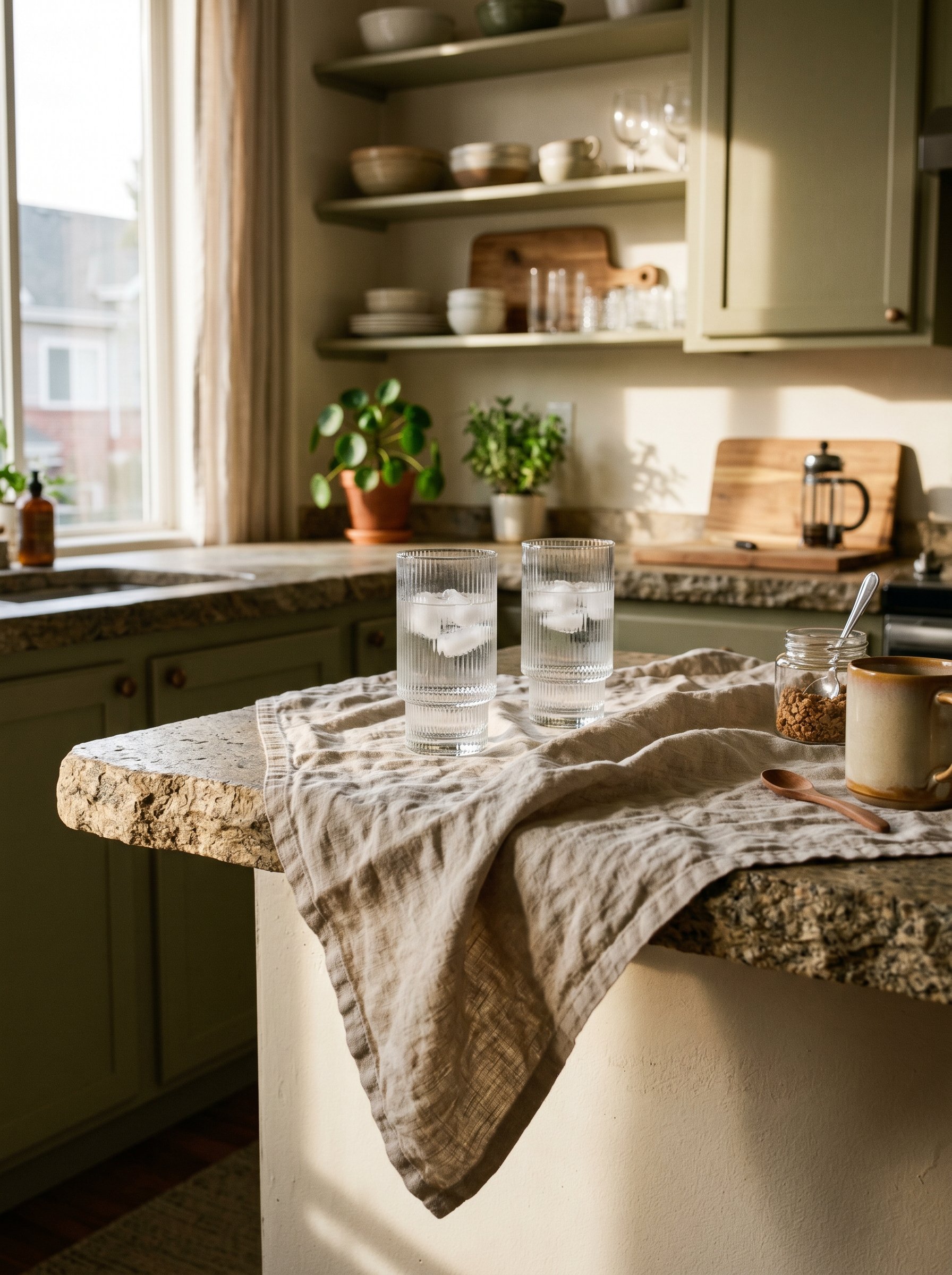 Photorealistic interior photo. A wrinkled, washed oatmeal linen runner draped over the end of a stone breakfast bar, topped with heavy ribbed highball glasses. Relaxed, cozy cafe aesthetic. Warm morni