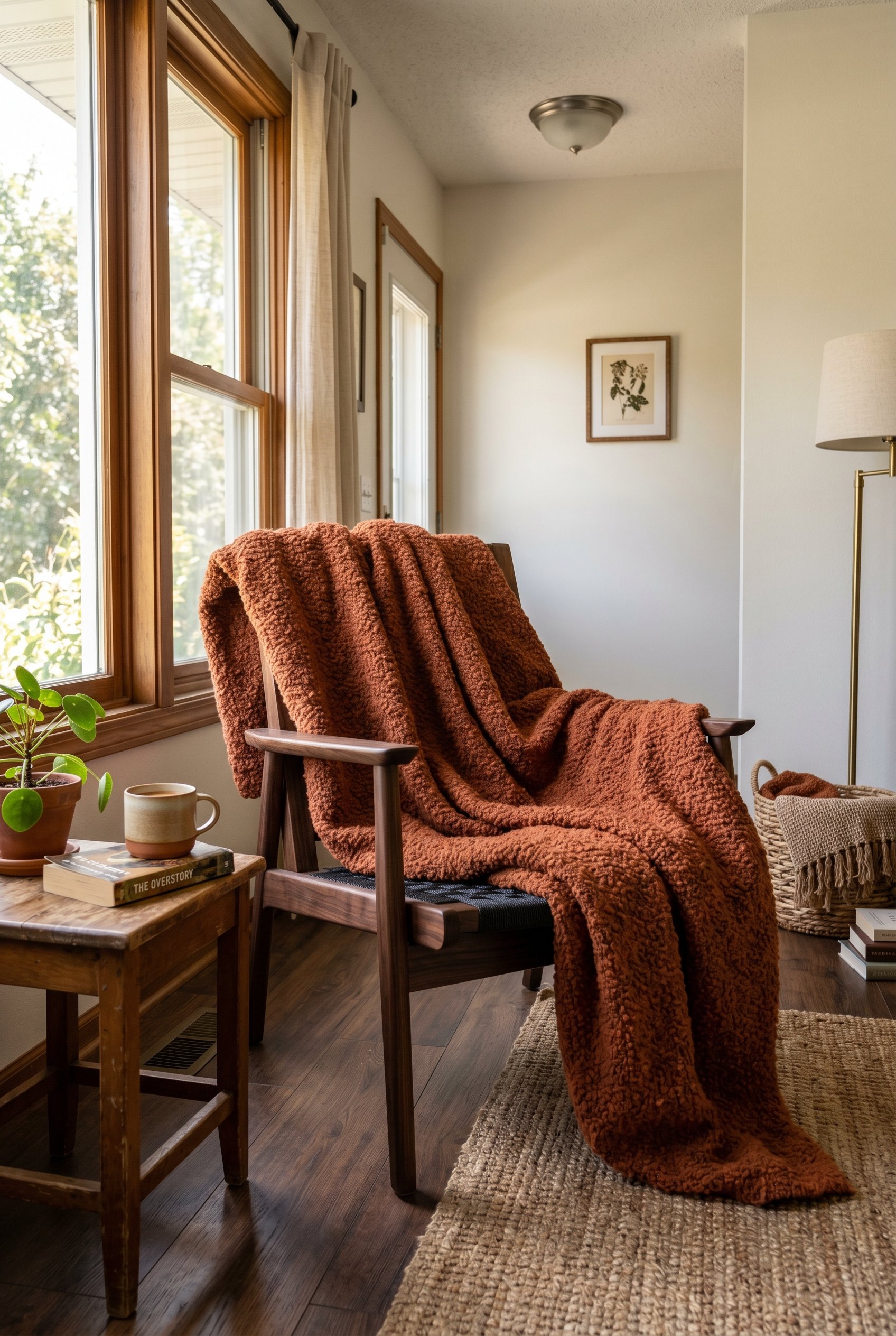 Photorealistic interior photo. Accent chair made of dark wood, draped carelessly with a massive rust-colored chunky bouclé knit blanket, warm afternoon sunlight, side angle. Editorial photography styl