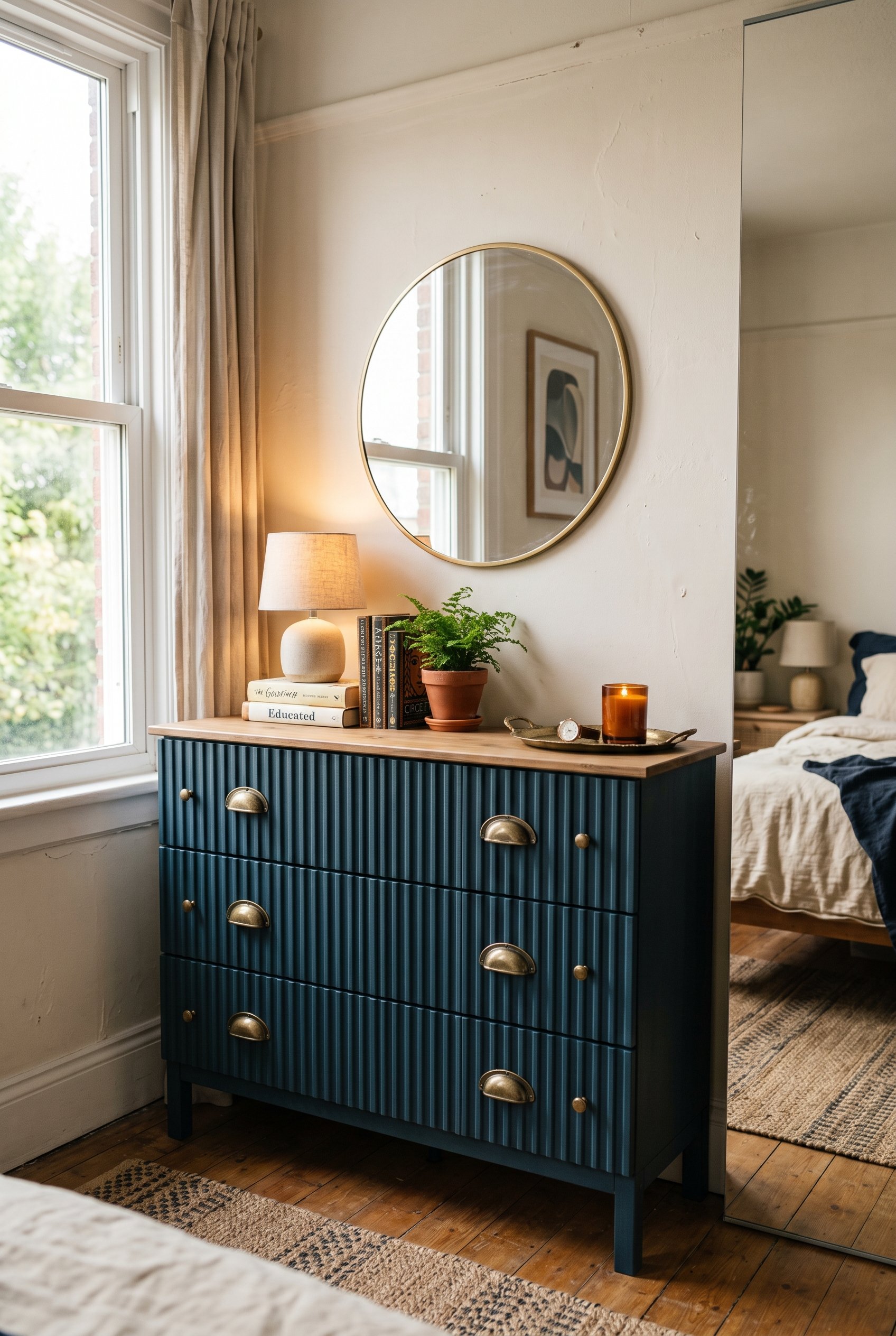 Photorealistic interior photo. An IKEA Tarva dresser customized with vertical fluted wood molding across the drawers, painted deep Hague blue with heavy brass hardware. Natural window light. Editorial