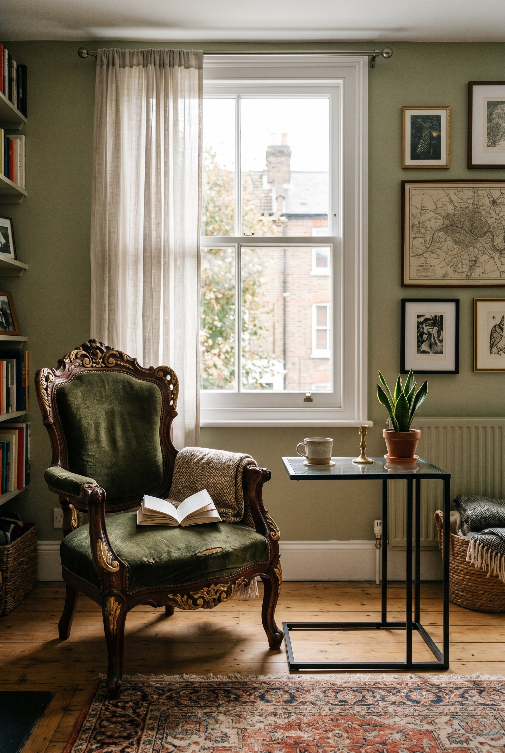 Photorealistic interior photo. An ornate, heavily carved antique gold Victorian armchair sitting next to a sleek, modern minimalist glass side table. Editorial photography style, high contrast, natura