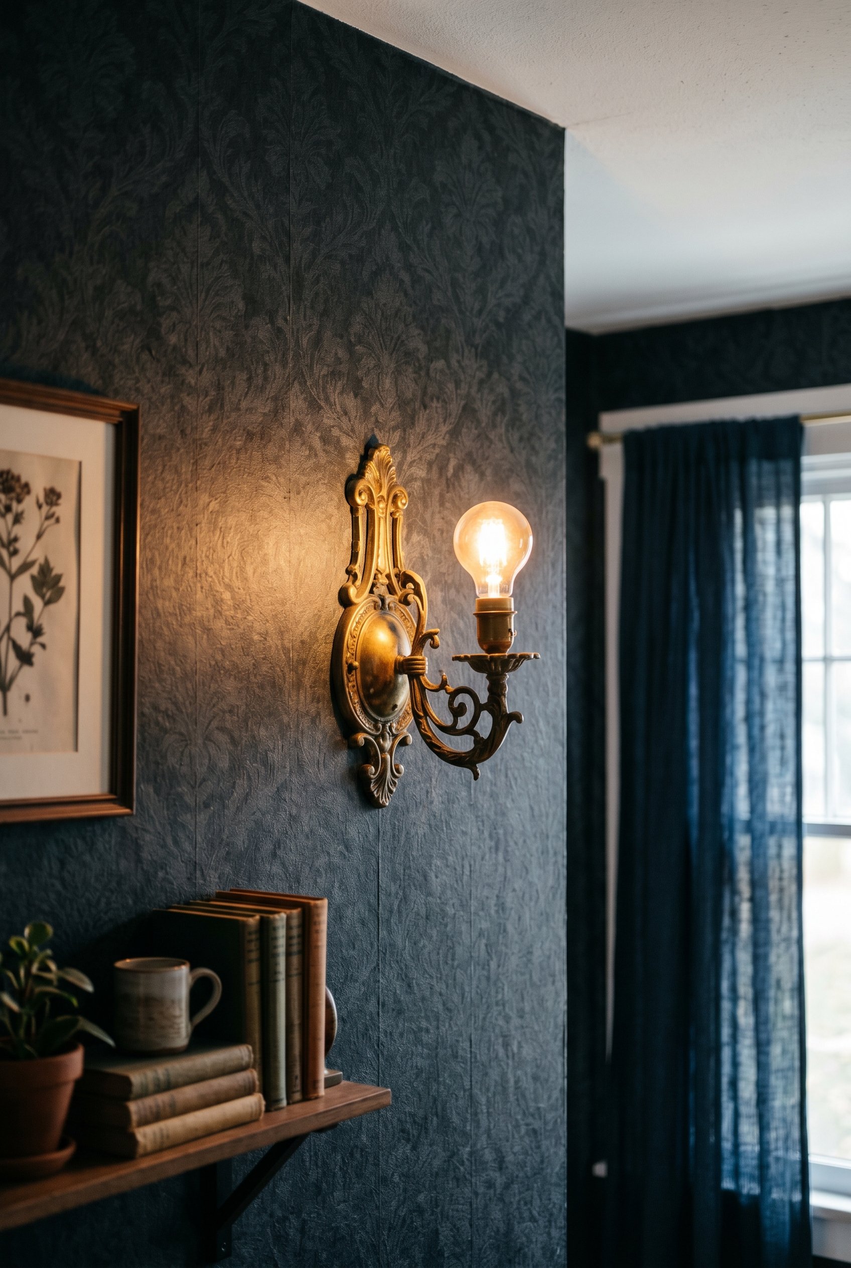 Photorealistic interior photo. Antique brass wall sconce glowing with warm smart bulb light against dark moody wallpaper, close-up angle. Editorial photography style, no people visible.
