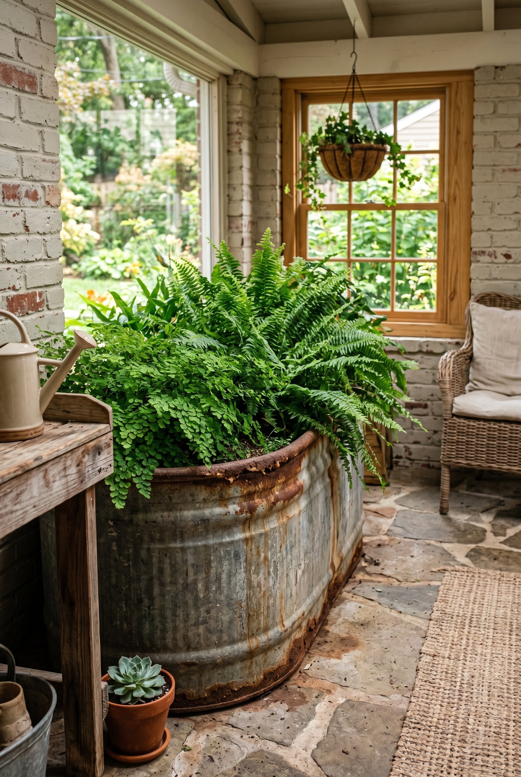 Photorealistic interior photo. Antique galvanized metal stock tank used as a large planter for overgrown ferns, rusty edges, outdoor patio setting, angled close-up. Editorial photography style, no peo