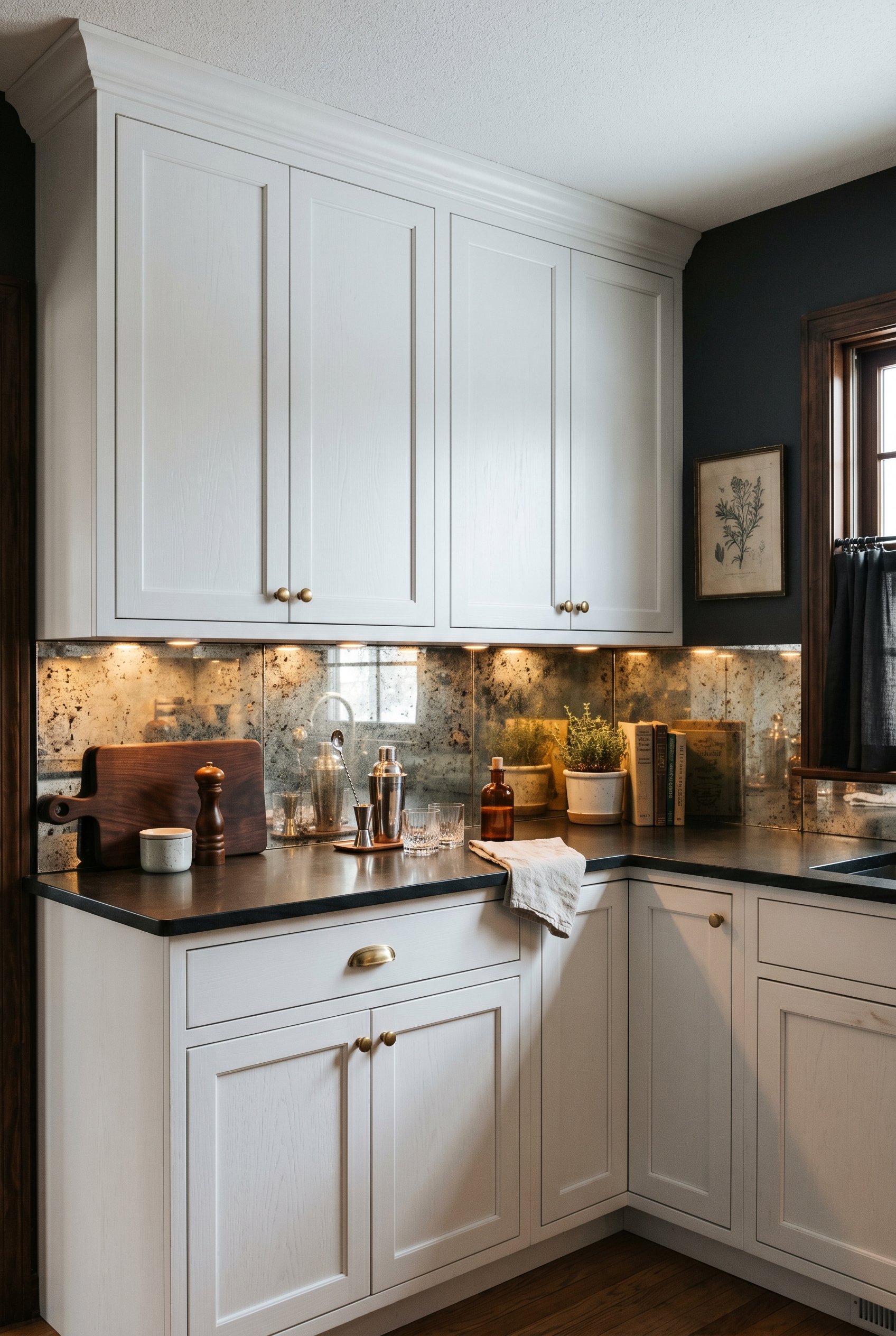 Photorealistic interior photo. Antique mirrored glass backsplash, bright white cabinets, under-cabinet puck lighting glowing warmly. Editorial photography style, moody speakeasy vibe, straight on angl