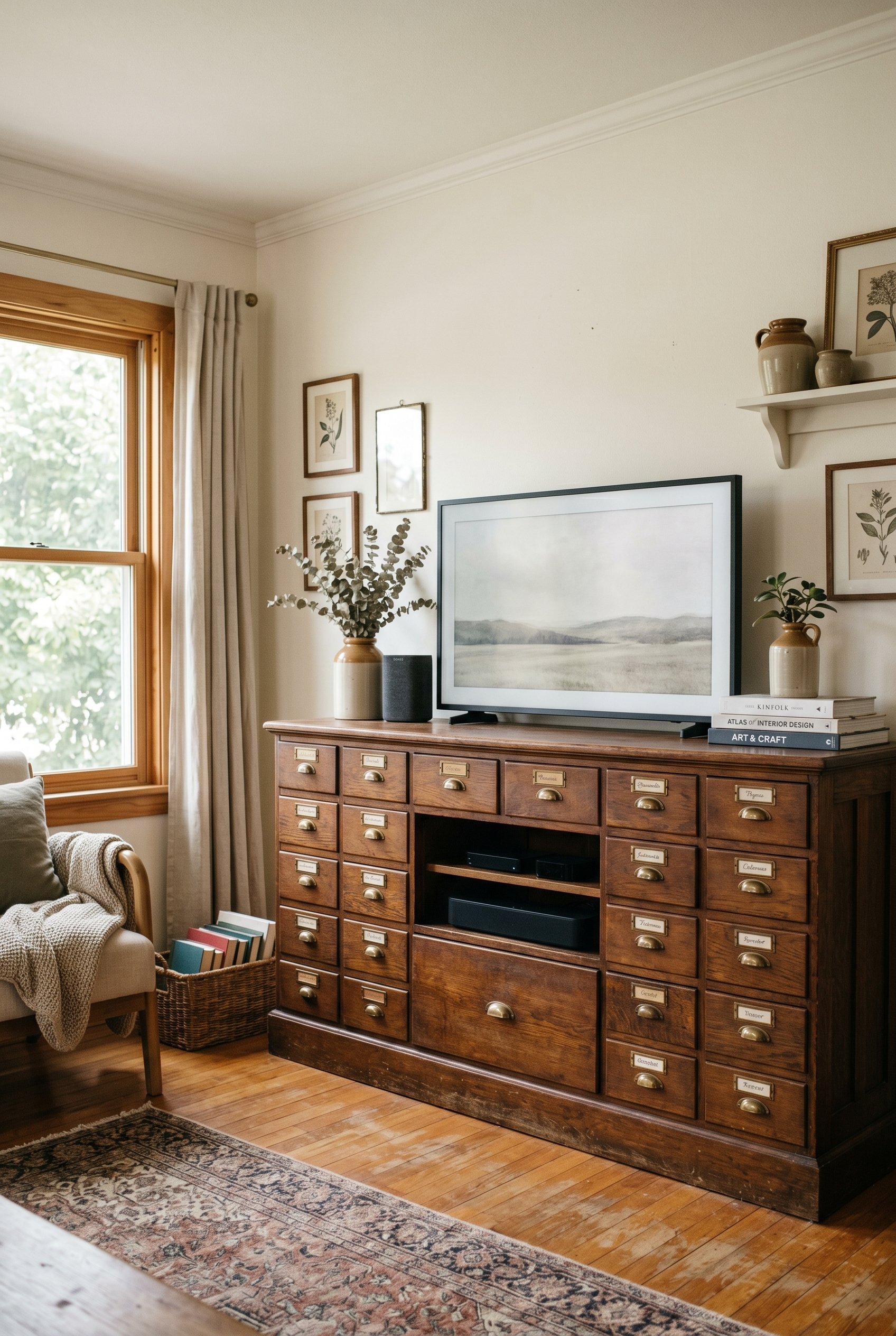 Photorealistic interior photo. Antique oak apothecary cabinet acting as a media console with modern tech subtly integrated, warm wood tones, natural window lighting, straight-on camera angle. Editoria