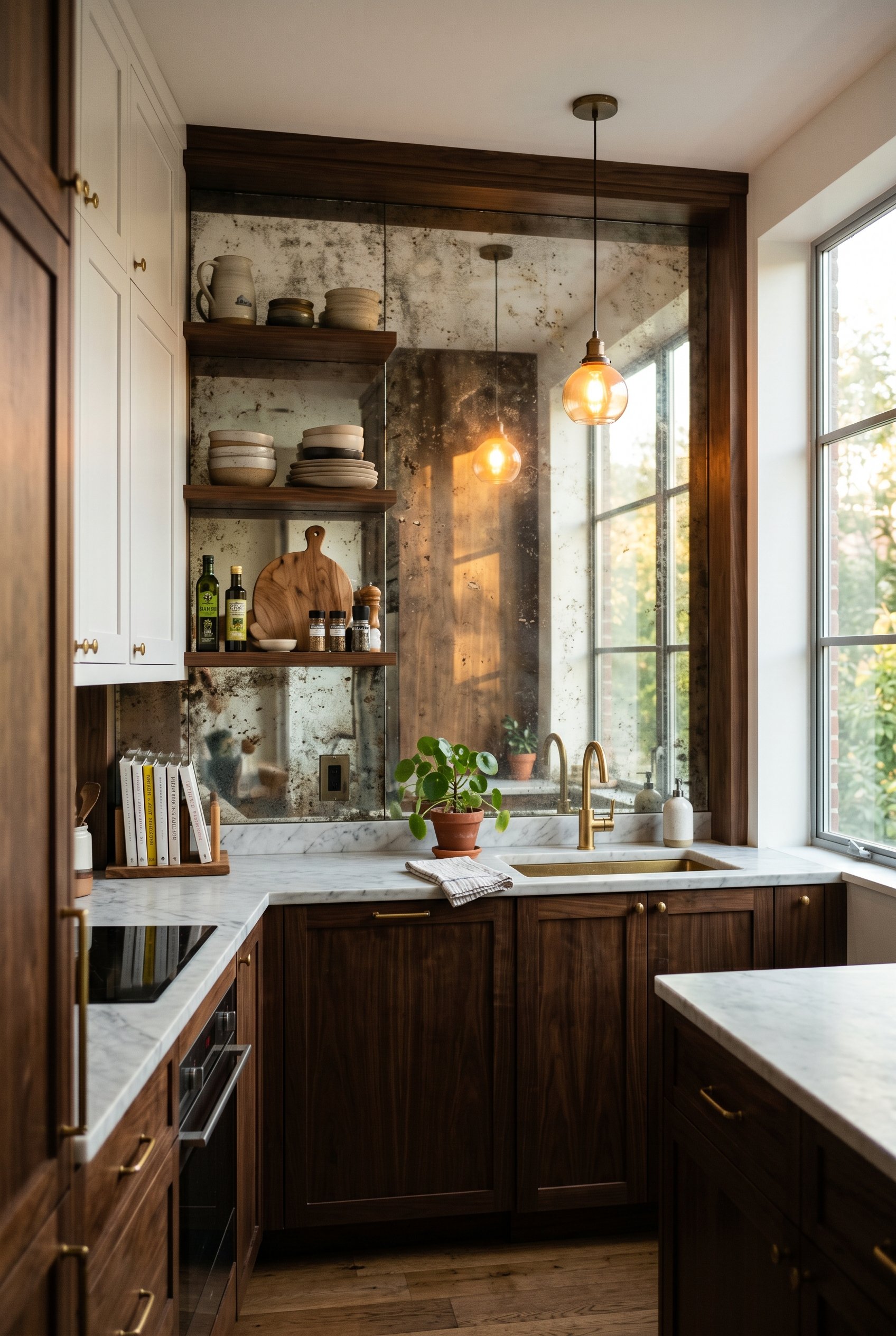 Photorealistic interior photo. Antique oxidized mirrored glass backsplash in a luxury modern kitchen. Reflecting a bright window, warm lighting, angled camera shot. Editorial photography style, no peo