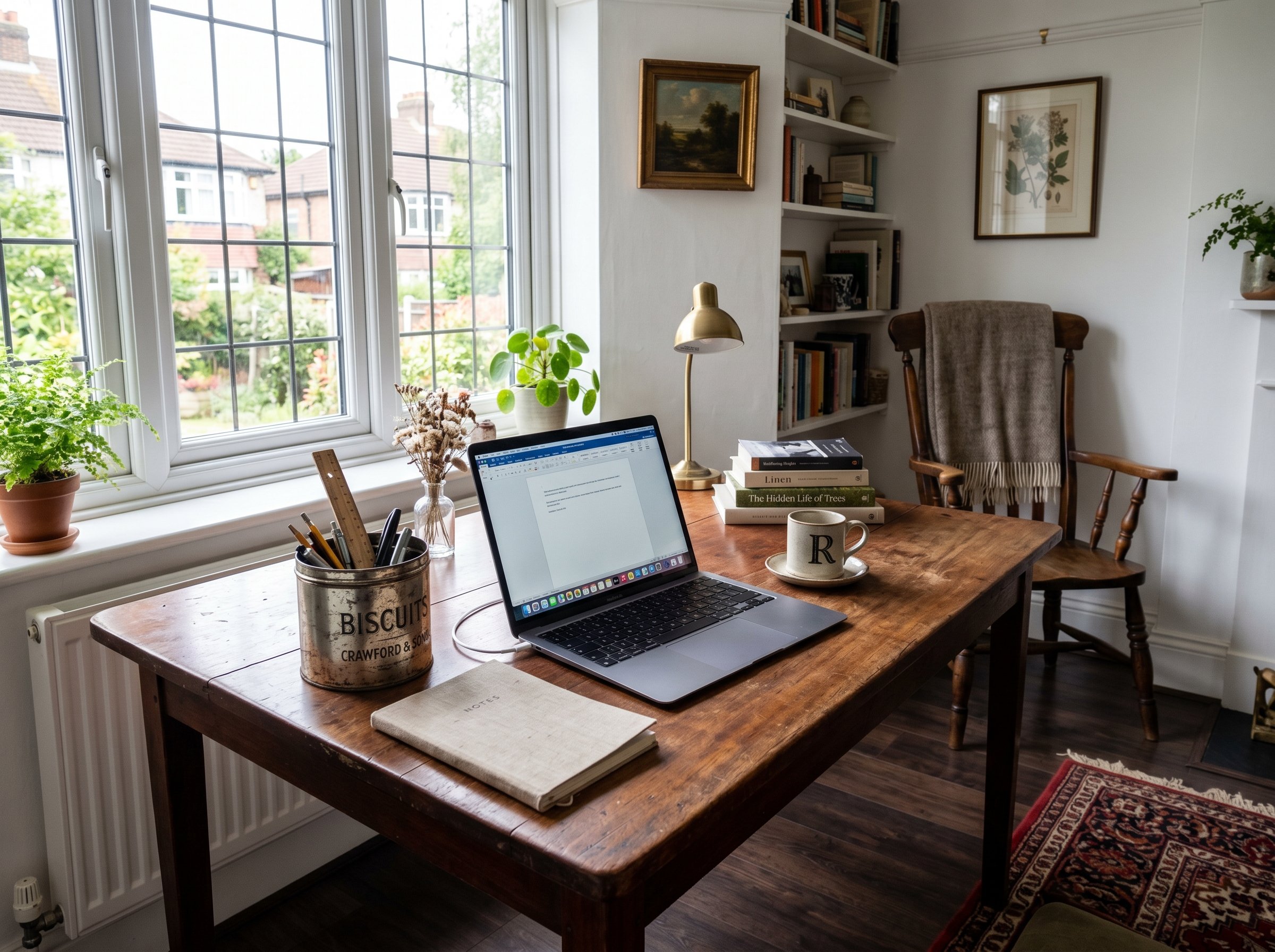 Photorealistic interior photo. Antique solid mahogany dining table styled as a home office desk, laptop, vintage silver biscuit tin holding pens, bright window light. Editorial photography style, no p