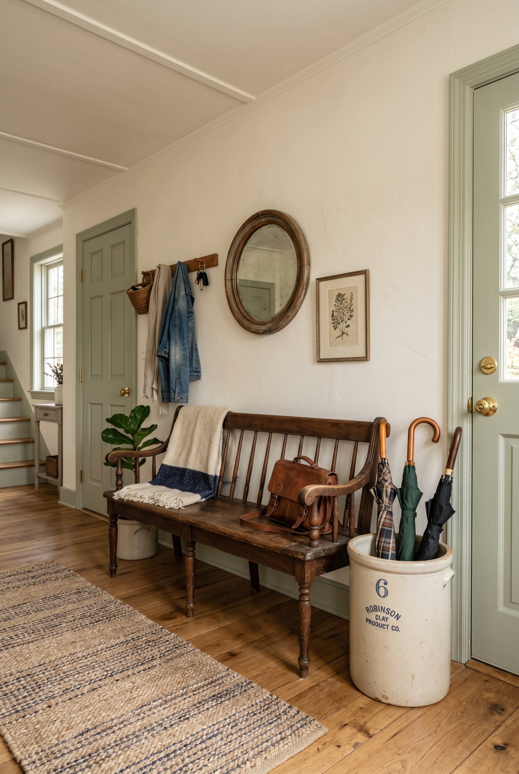 Photorealistic interior photo. Antique wooden church pew in a bright entryway, vintage ceramic pickling crock holding umbrellas nearby, straight-on angle. Editorial photography style, no people visibl