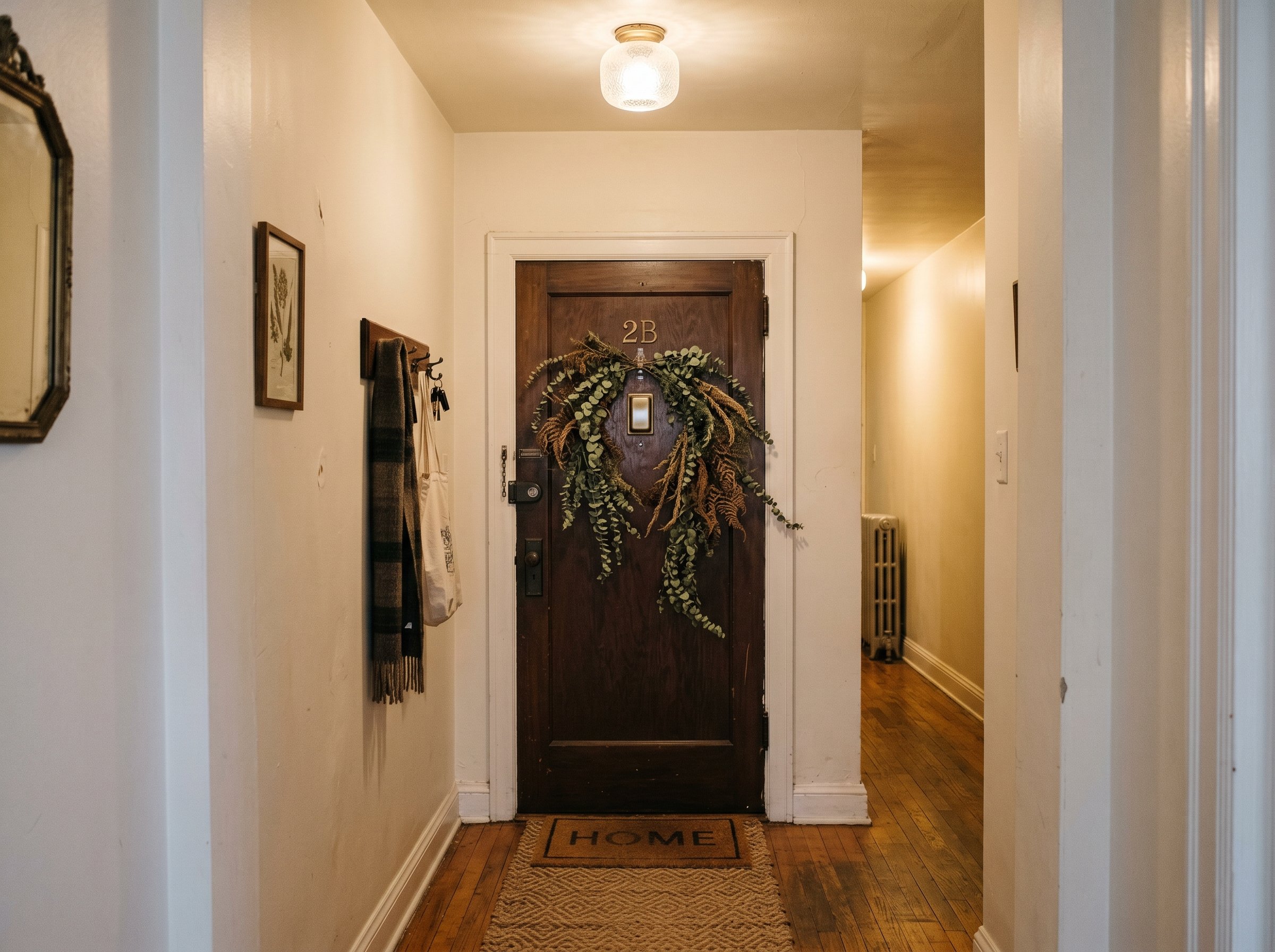 Photorealistic interior photo. Apartment front door viewed from a narrow hallway, cascading dried green and brown vines hanging from a command hook around a peephole, warm overhead hallway lighting, s