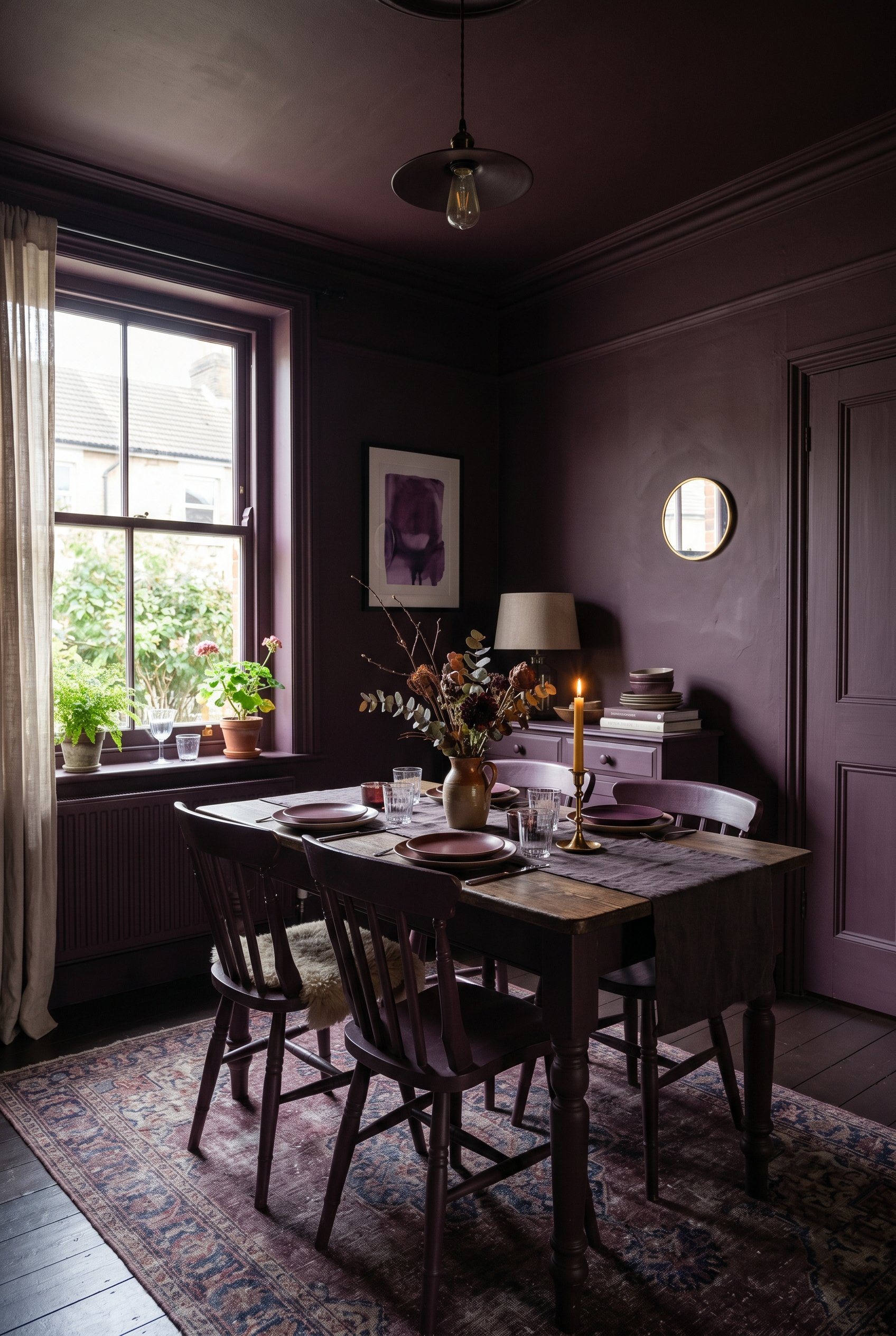 Photorealistic interior photo. Aubergine plum monochromatic dining room, walls, ceiling and trim painted the same dark color. Natural light from a window. Editorial photography style, no people visibl