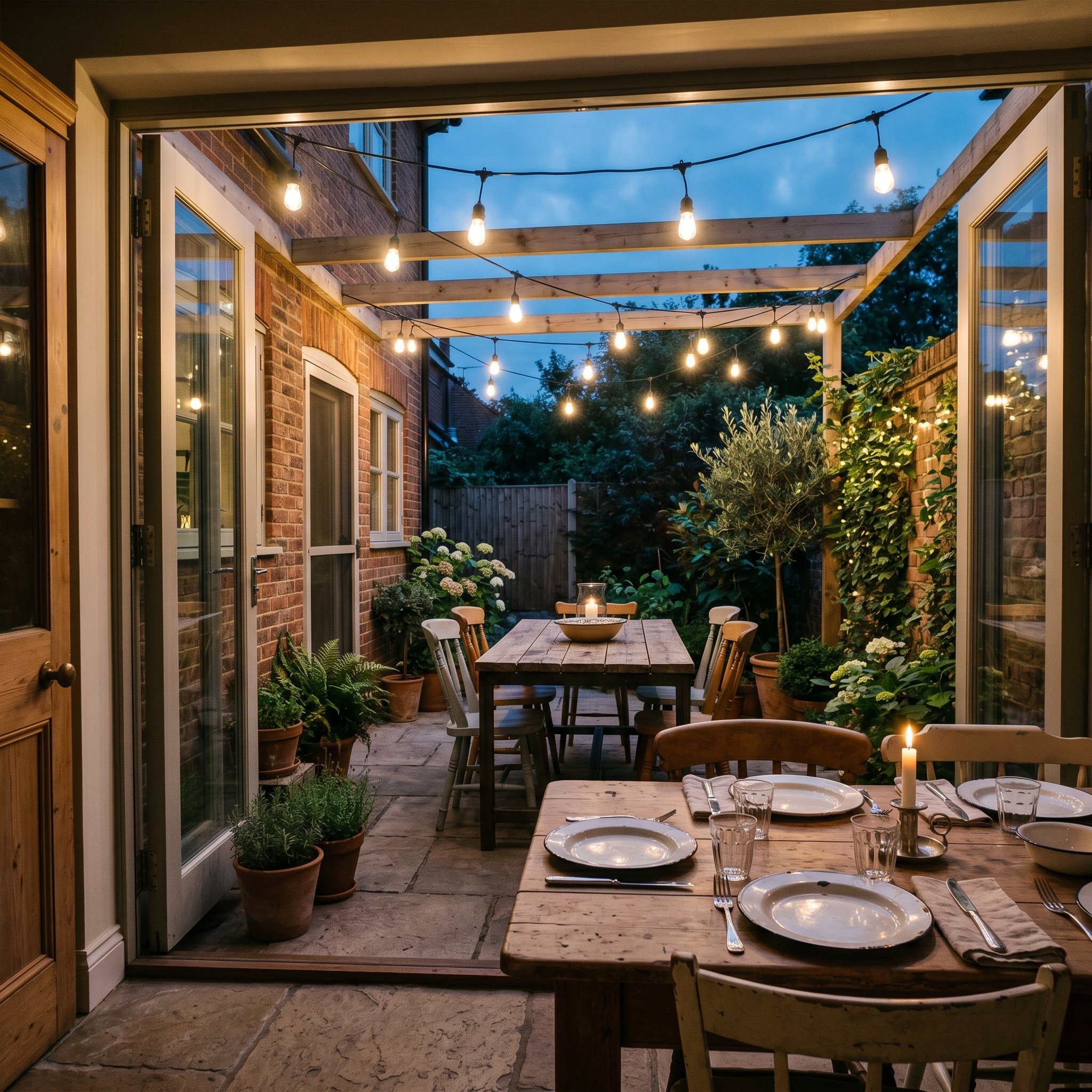 Photorealistic interior photo. Back patio dining table set with chipped white and black enamelware plates, heavy-duty overhead cafe lights glowing, twilight lighting, wide camera angle. Editorial phot