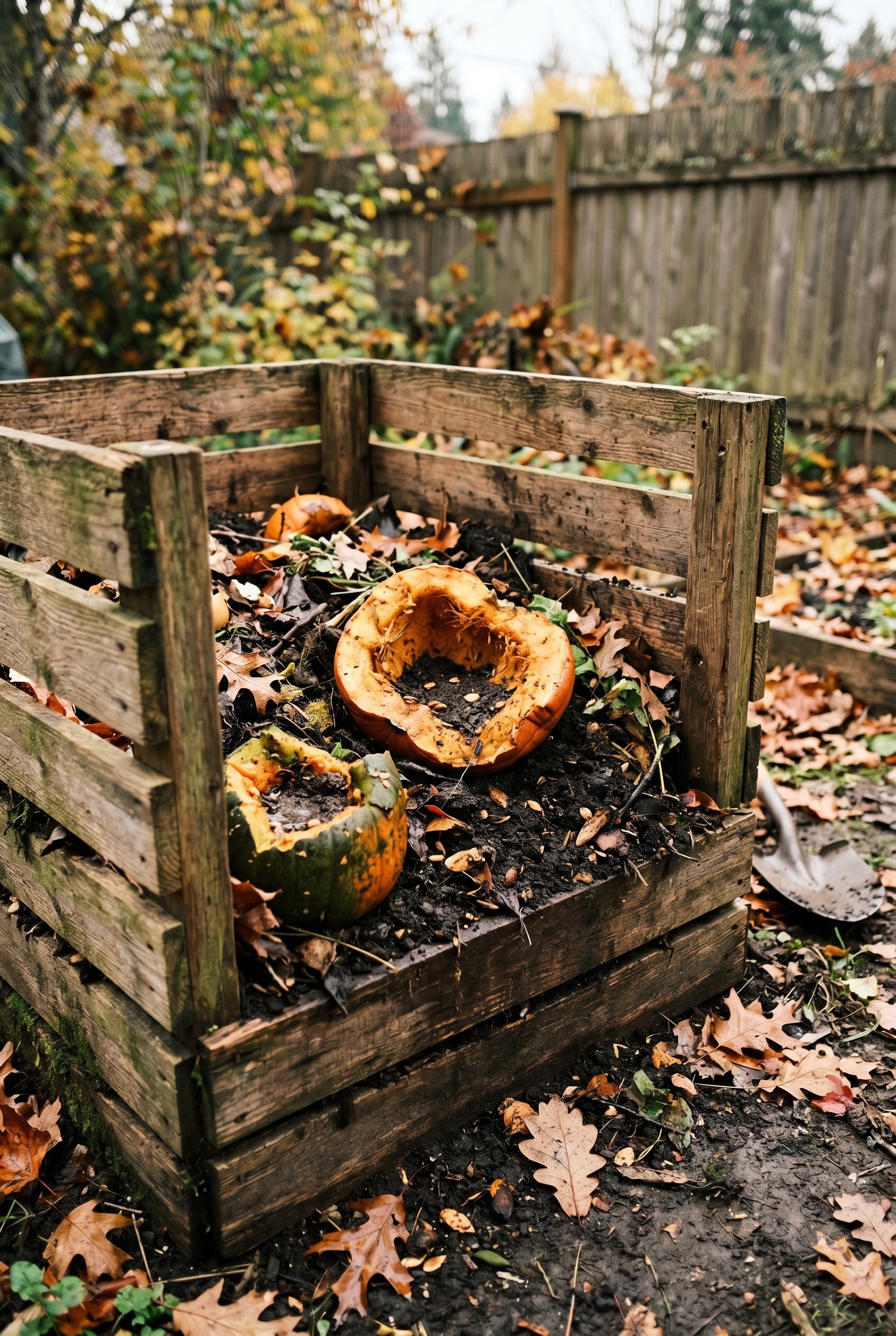 Photorealistic interior photo. Backyard wooden compost bin filled with rich dark soil and half-broken unpainted orange and green pumpkins, natural damp autumn morning lighting, close-up macro shot. Ed
