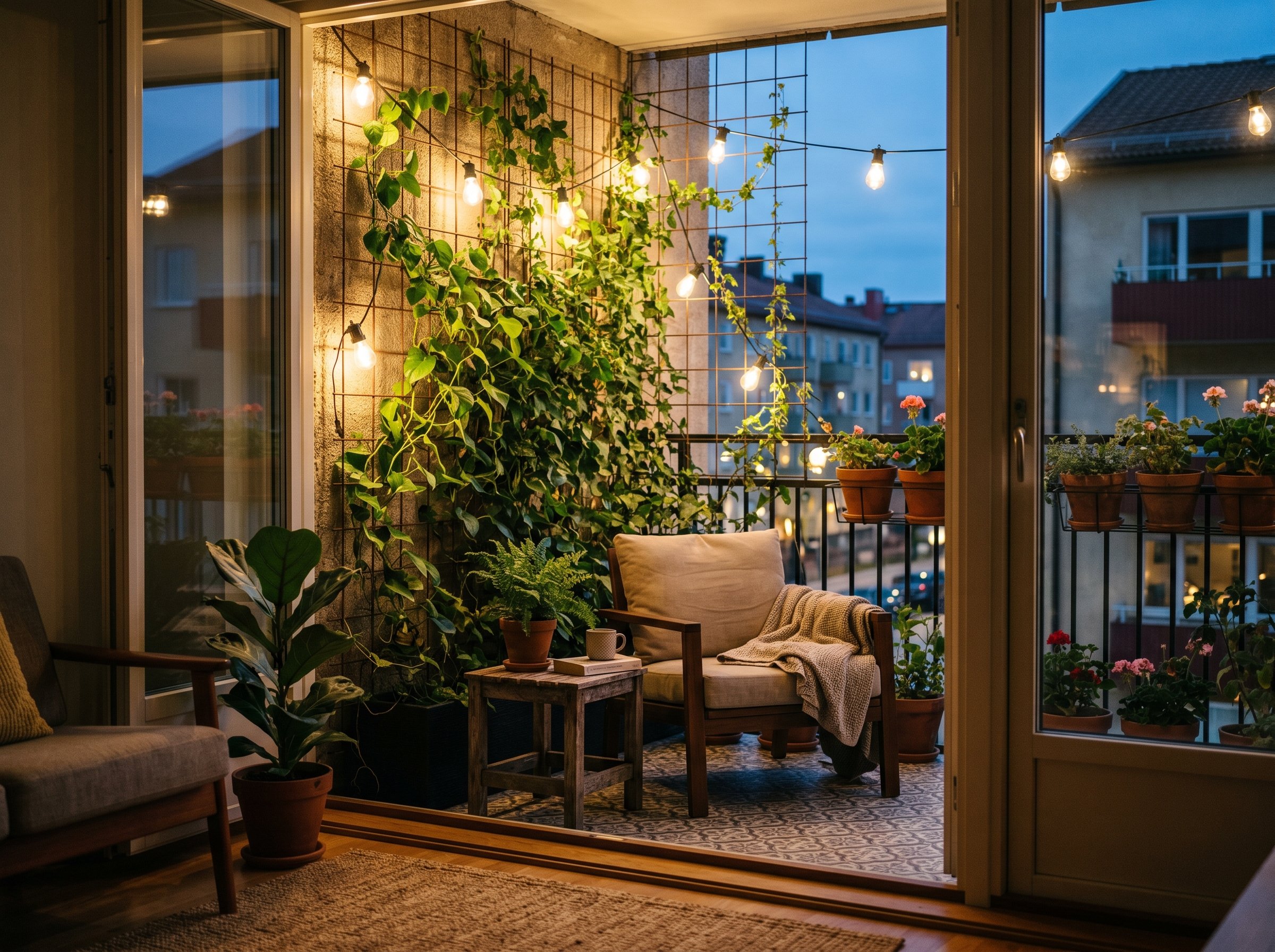Photorealistic interior photo. Balcony wall covered in a wire grid trellis with climbing green vines, warm outdoor string lights, angled shot. Editorial photography style, no people visible.