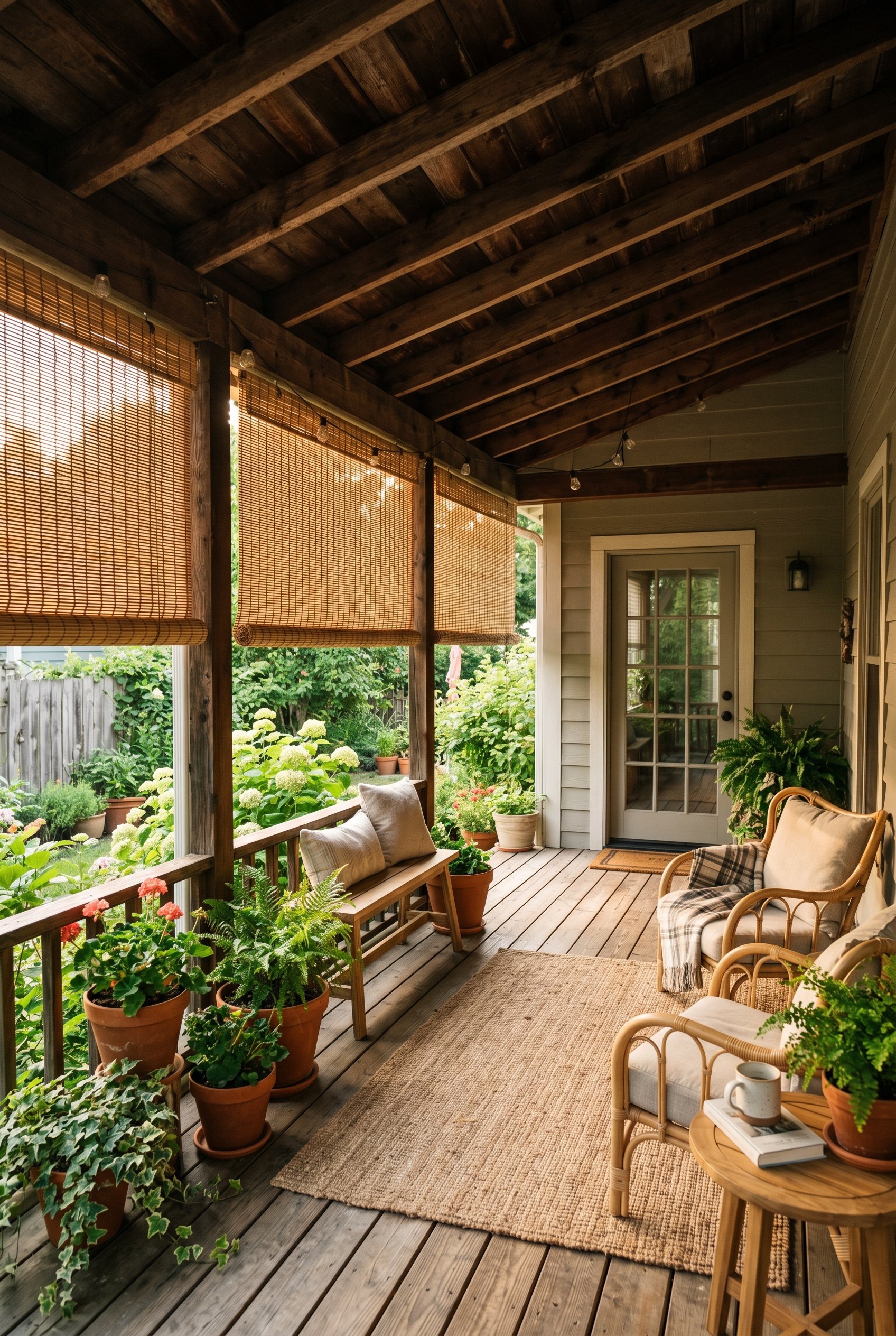 Photorealistic interior photo. Bamboo roll-up privacy shades hanging from a rustic wooden porch roof, filtering warm sunlight, textured natural materials, wide angle. Editorial photography style, no p