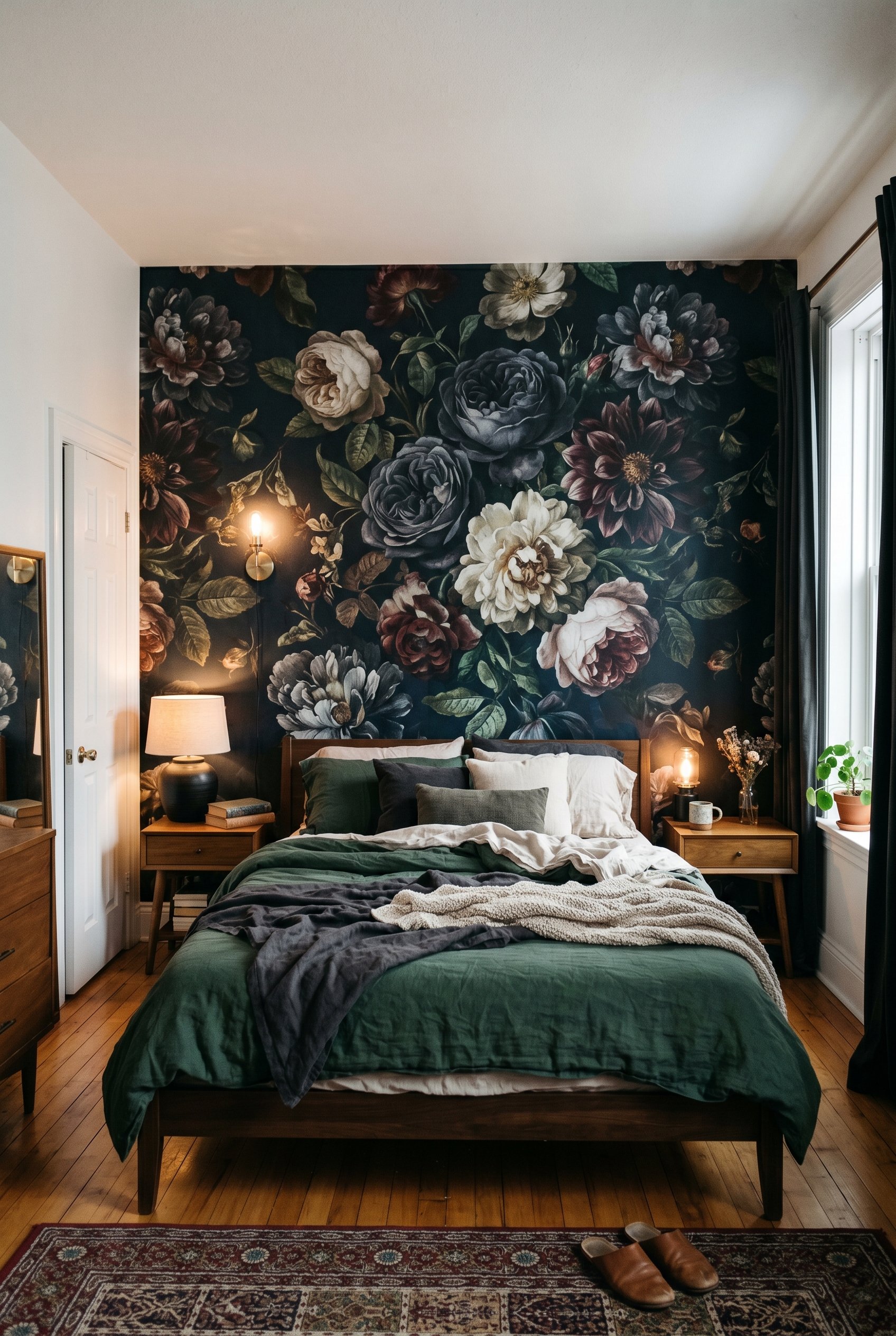 Photorealistic interior photo. Bedroom featuring a massive peel-and-stick dark floral wall mural behind a modern bed frame. Editorial photography style, moody and dramatic lighting, highly detailed wa