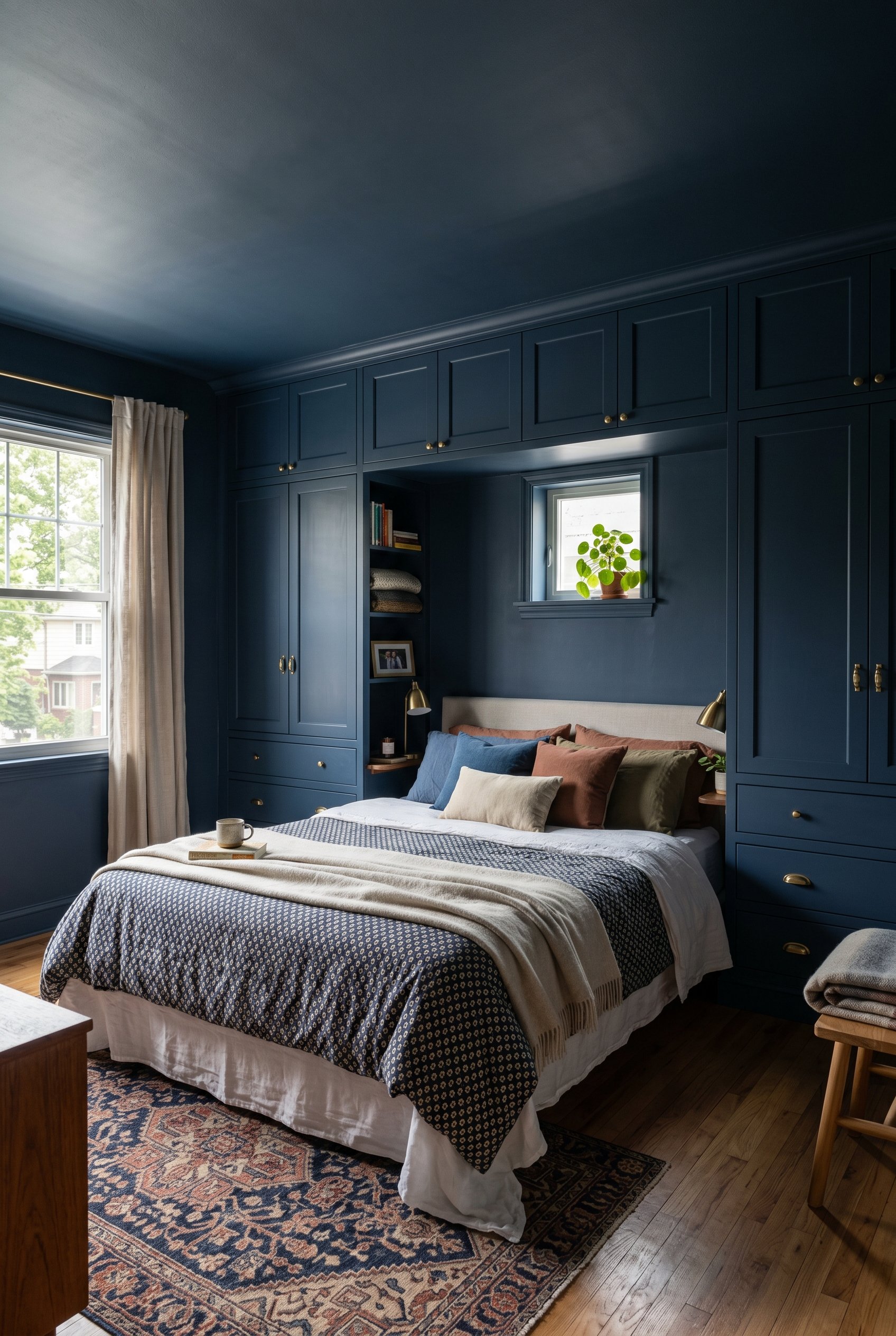 Photorealistic interior photo. Bedroom interior featuring floor-to-ceiling custom built-in wardrobes painted completely in a dark, moody navy blue (Hague Blue). Brass cabinet pulls, matching blue ceil