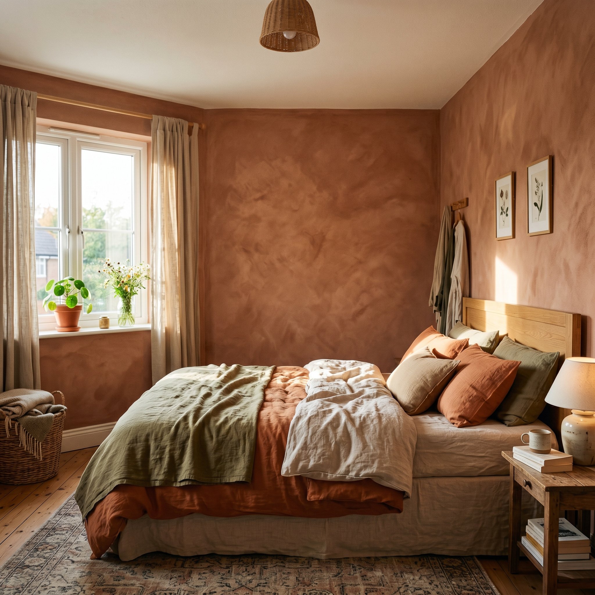 Photorealistic interior photo. Bedroom walls finished in a cloudy, textured terracotta limewash paint. Warm, earthy, suede-like texture on the walls, paired with natural linen bedding. Editorial photo