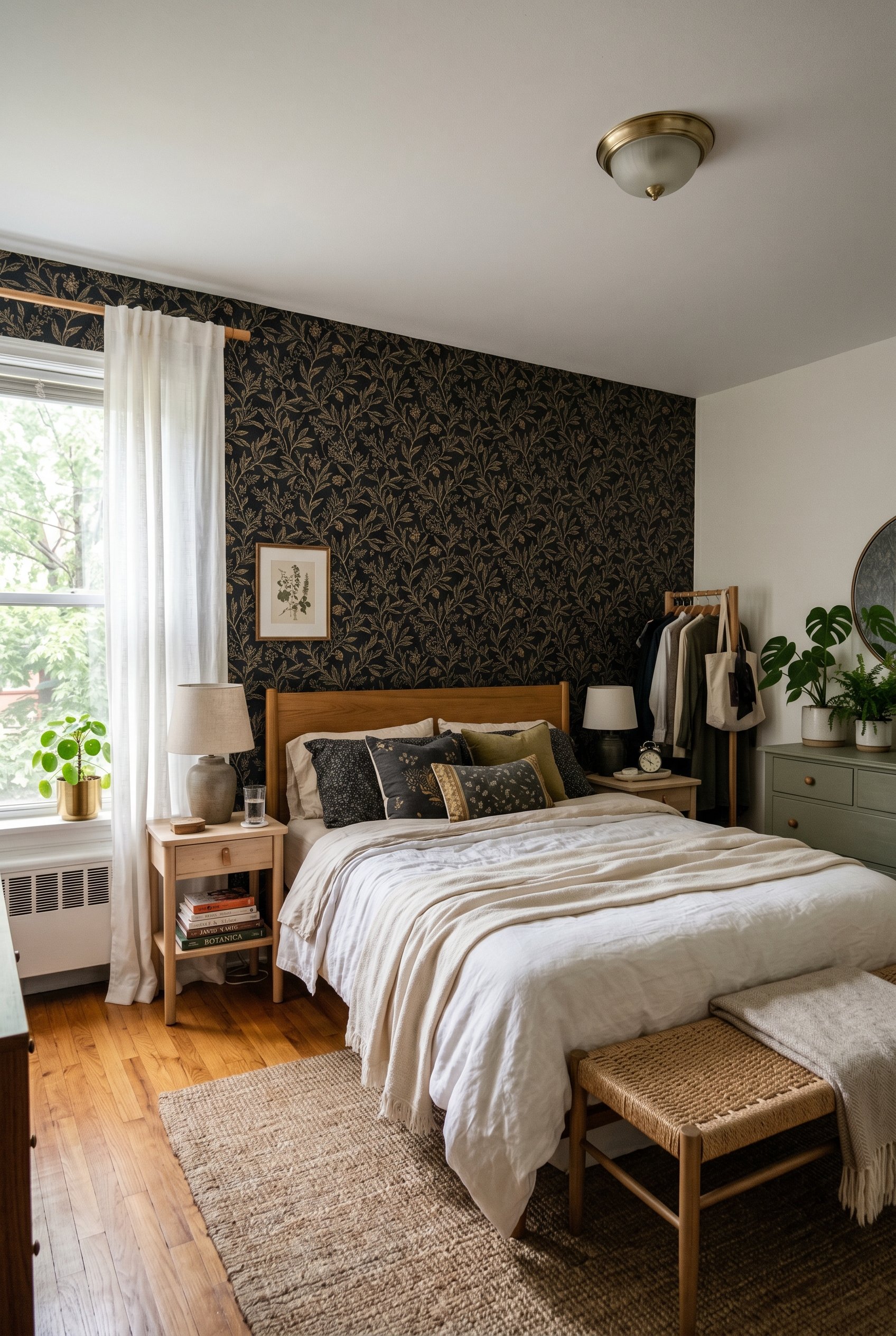 Photorealistic interior photo. Bedroom with dark botanical peel-and-stick wallpaper on one wall, black and gold vine motif. Soft natural lighting, wide camera angle. Editorial photography style, no pe