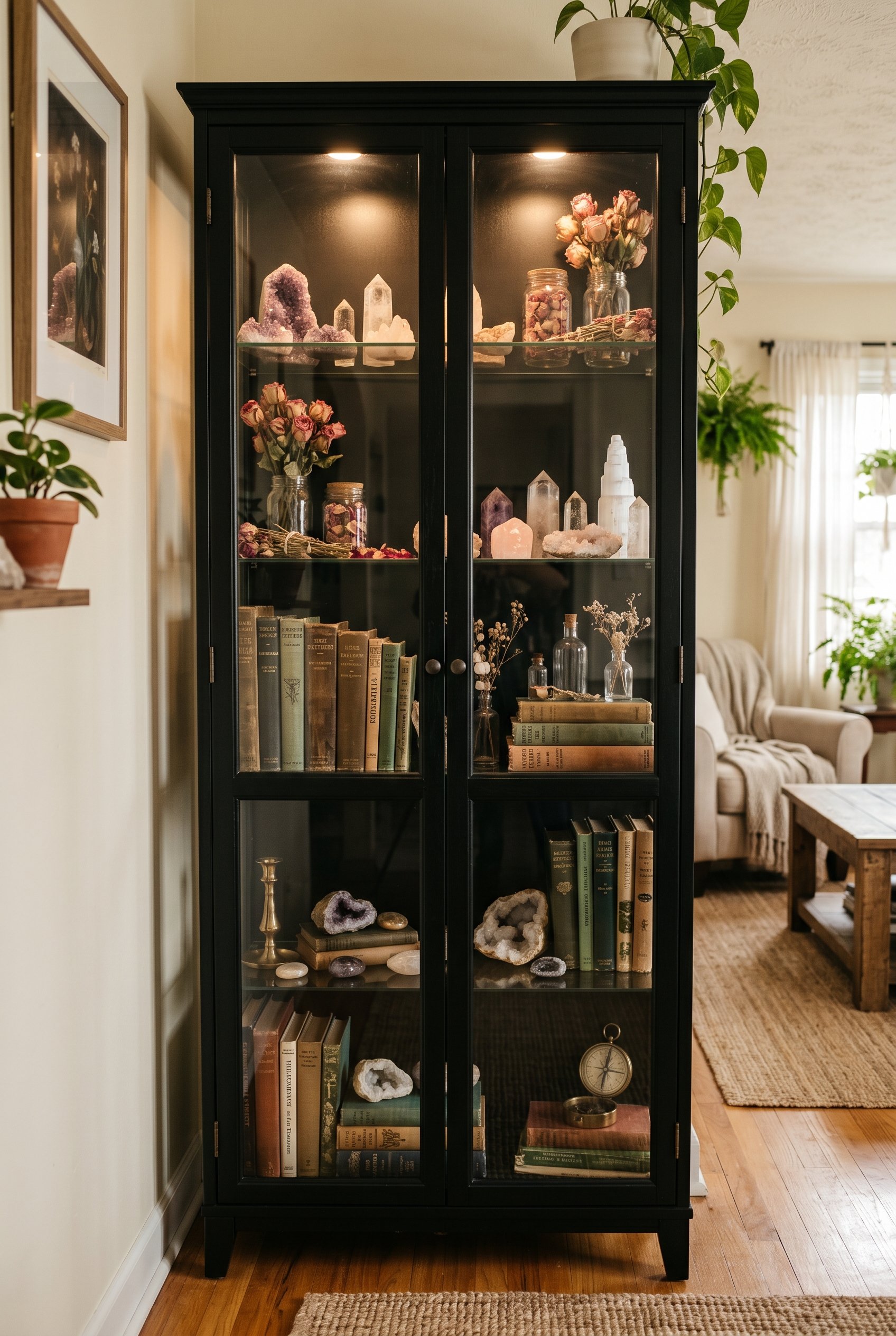 Photorealistic interior photo. Black glass curio cabinet filled with neatly organized crystals, dried roses, and antique books. Warm spotlighting, medium close-up camera angle. Editorial photography s