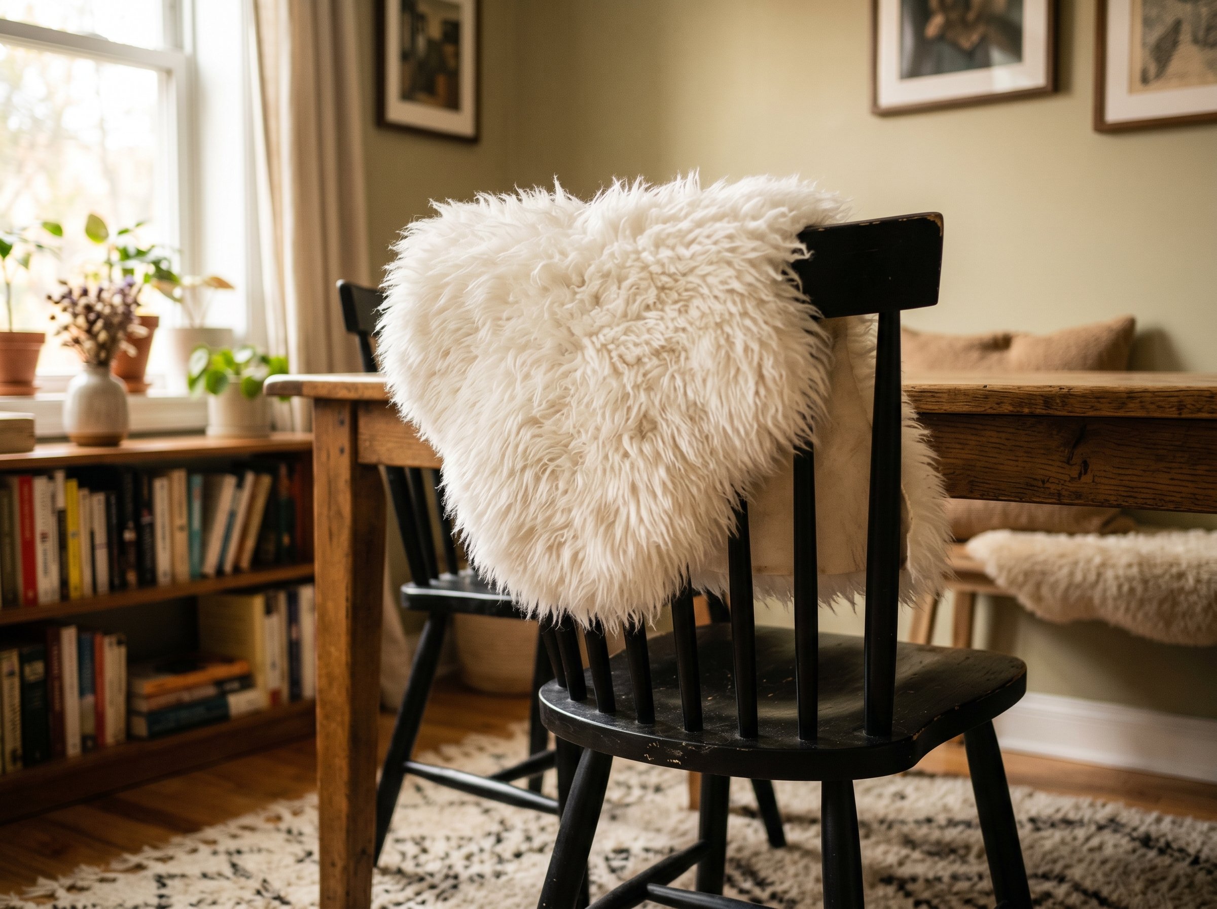 Photorealistic interior photo. Black wooden dining chair with a fluffy white faux sheepskin rug draped loosely over the backrest, warm indoor lighting, close-up texture shot. Editorial photography sty