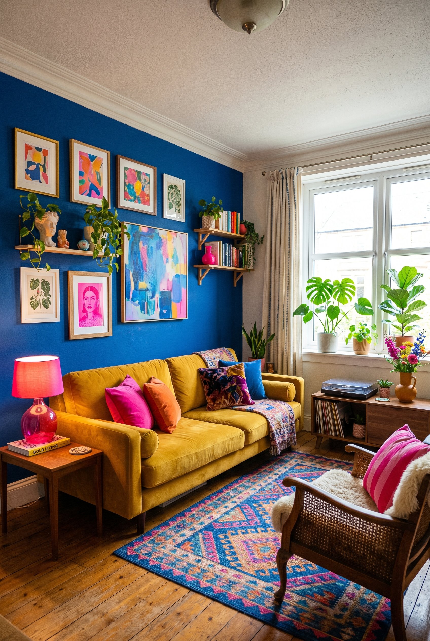Photorealistic interior photo. Bold, vibrant living room featuring a mustard yellow velvet sofa against a rich cobalt blue wall with hot pink accents. Editorial photography style, bright and colorful