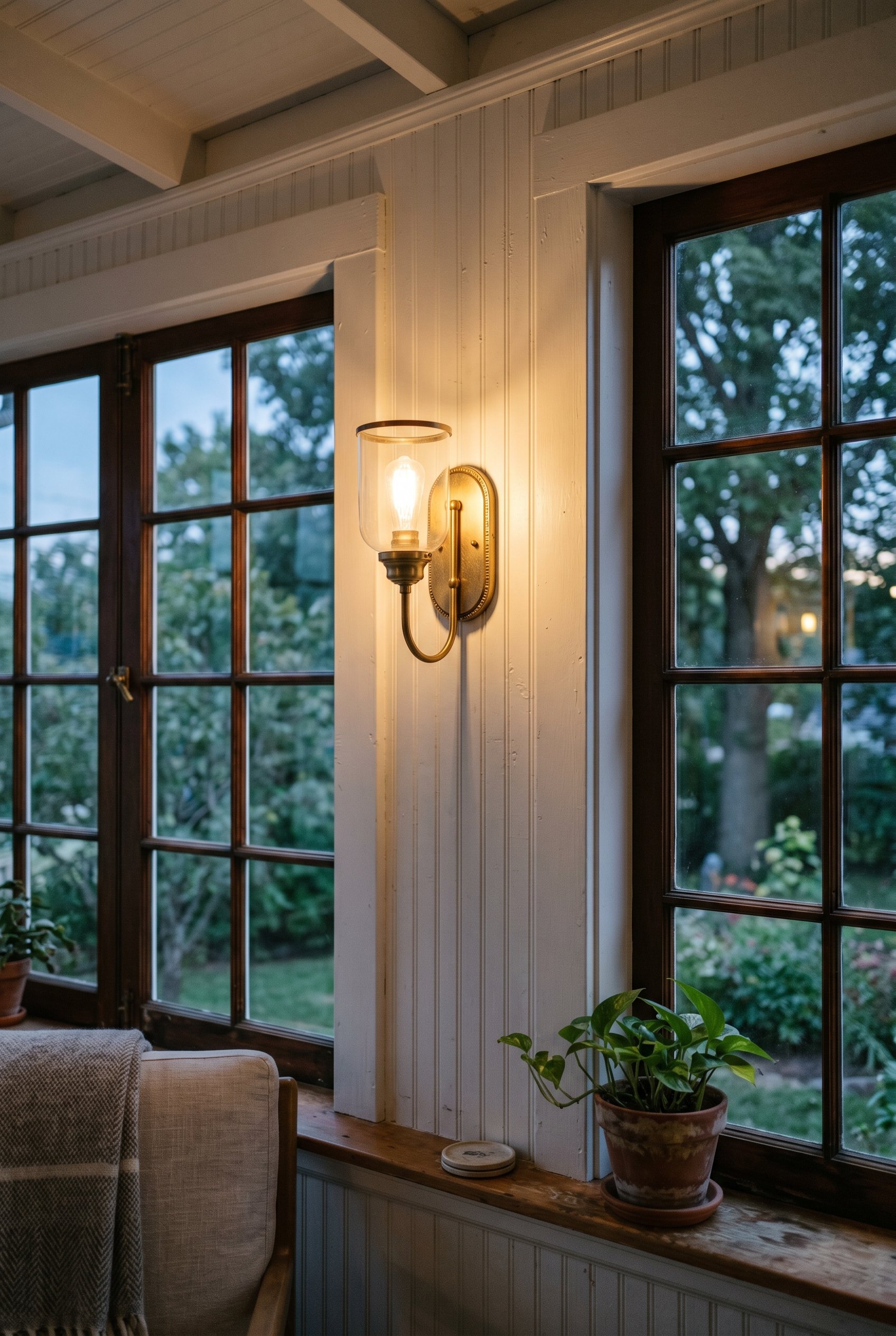 Photorealistic interior photo. Brass wall sconce mounted on white beadboard between sunroom windows, soft amber light glowing, evening setting, close up. Editorial photography style, no people visible