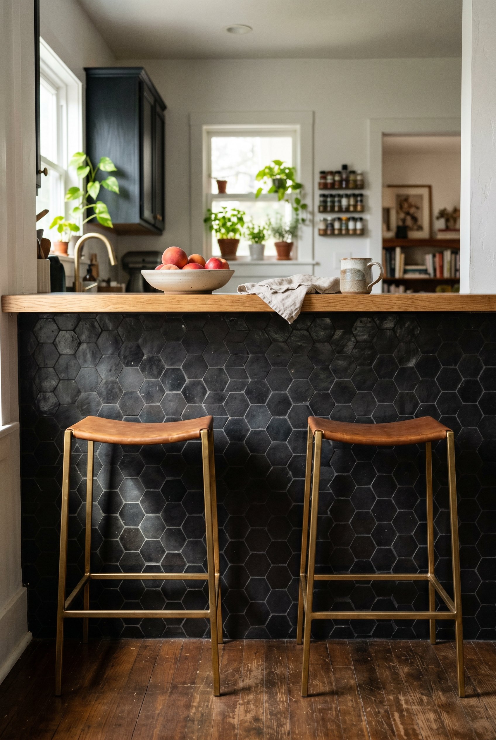 Photorealistic interior photo. Breakfast bar with the wall underneath covered in dark, moody matte black geometric zellige tile with dark grout. Two brass stools in front. High-contrast dramatic light