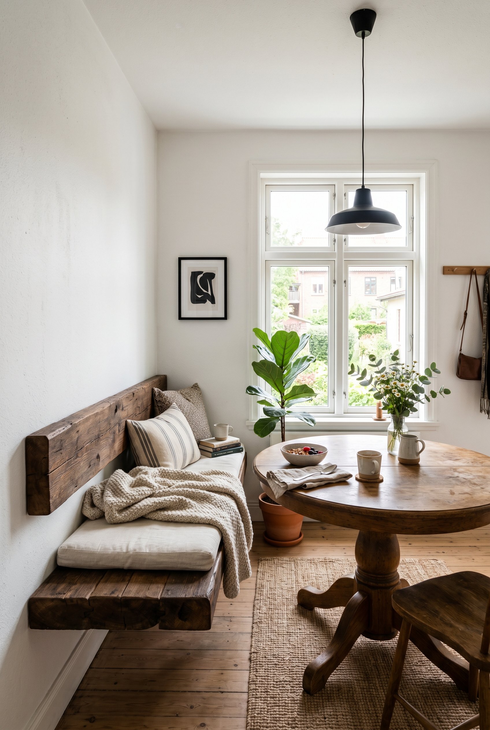 Photorealistic interior photo. Breakfast nook featuring a thick, chunky reclaimed wood floating bench seat against a crisp white wall, bright morning lighting, wide camera angle. Editorial photography