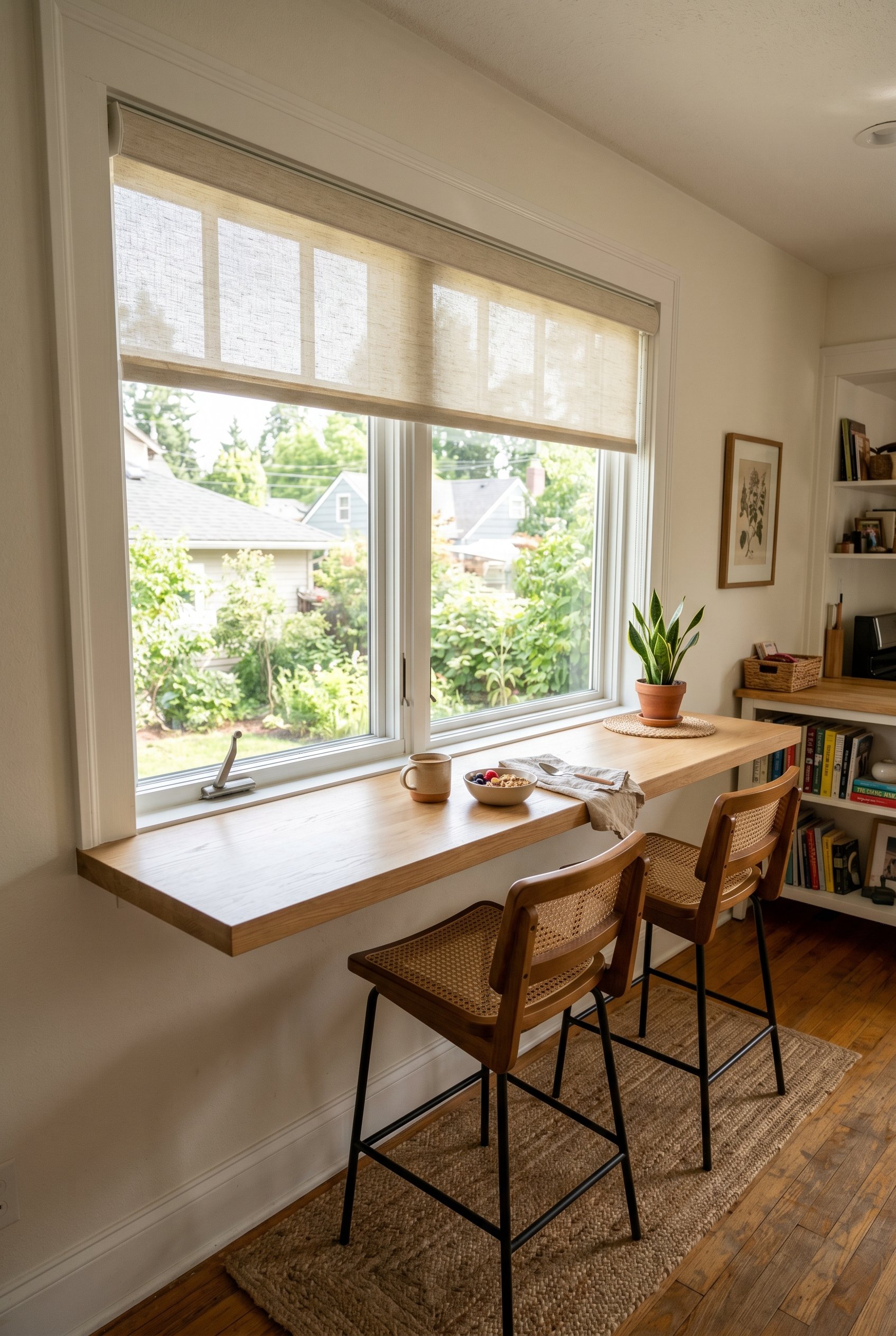Photorealistic interior photo. Bright, airy breakfast bar built flush against a large window, deep white oak wood ledge, modern roller shade. Soft morning natural lighting, wide camera angle. Editoria
