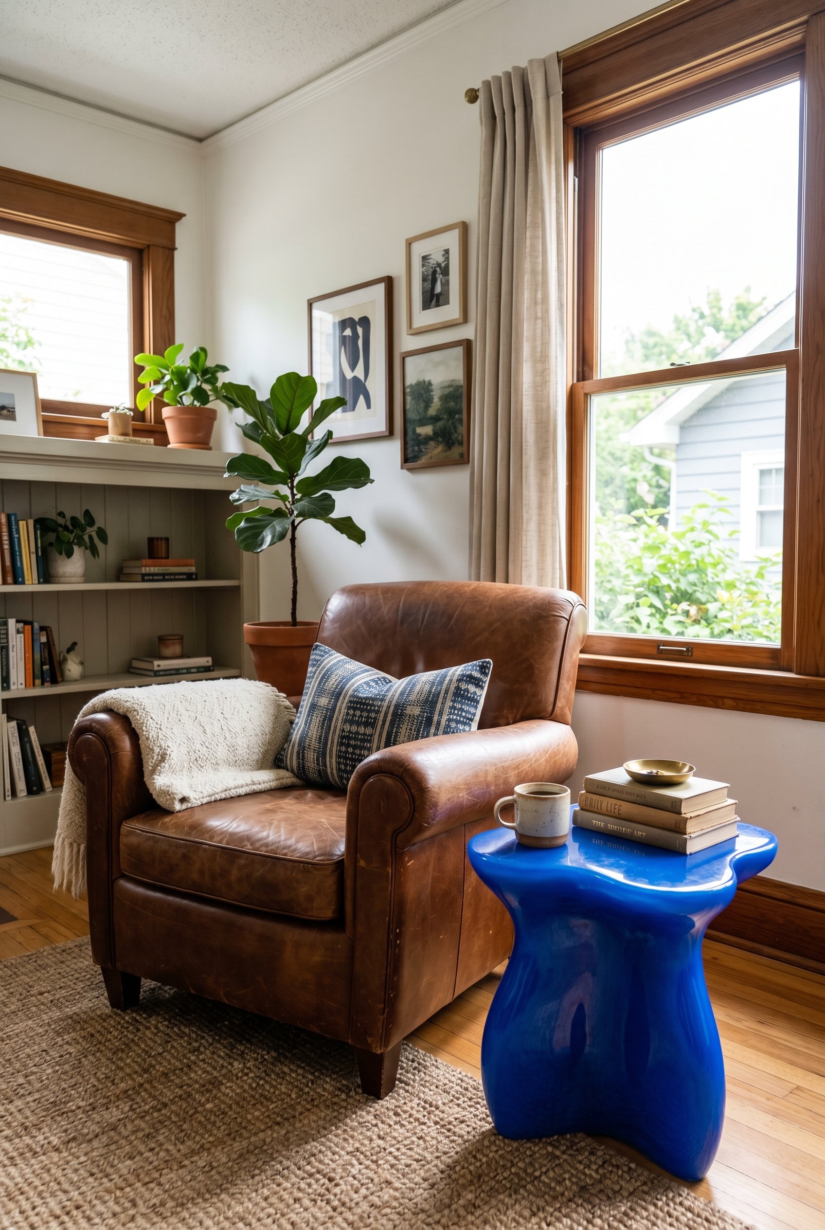 Photorealistic interior photo. Bright cobalt blue asymmetrical blob-shaped resin side table next to a traditional brown leather armchair, bright natural light. Editorial photography style, no people v