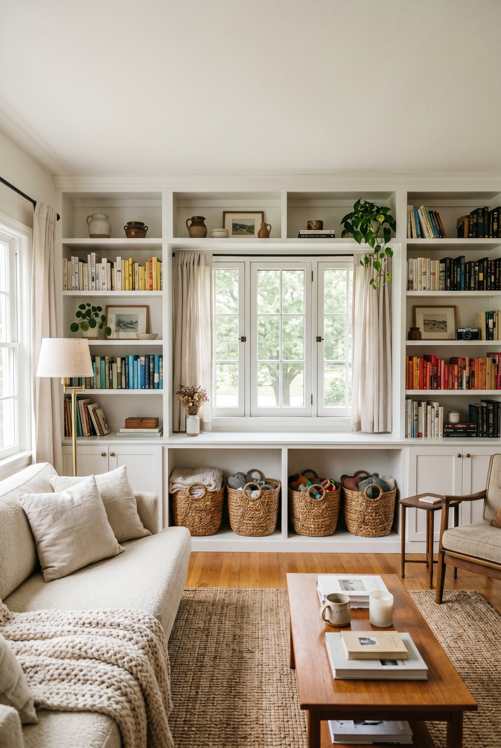 Photorealistic interior photo. Built-in looking white bookcases styling with woven baskets at the bottom, warm white tones, soft window light, wide camera angle. Editorial photography style, no people