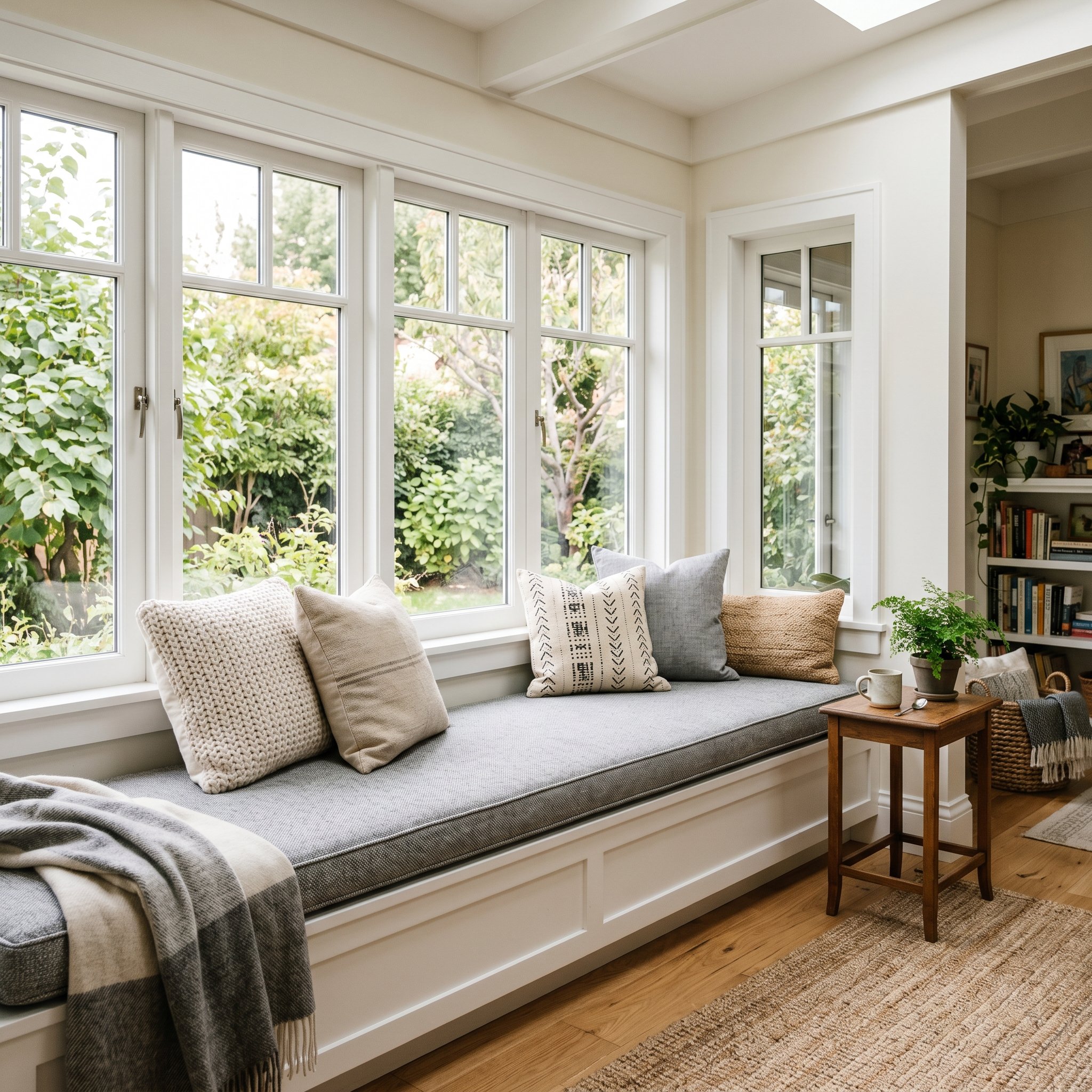 Photorealistic interior photo. Built-in white window bench under large sunroom windows, custom grey outdoor fabric cushion, styled with neutral pillows. Editorial photography style, no people visible.