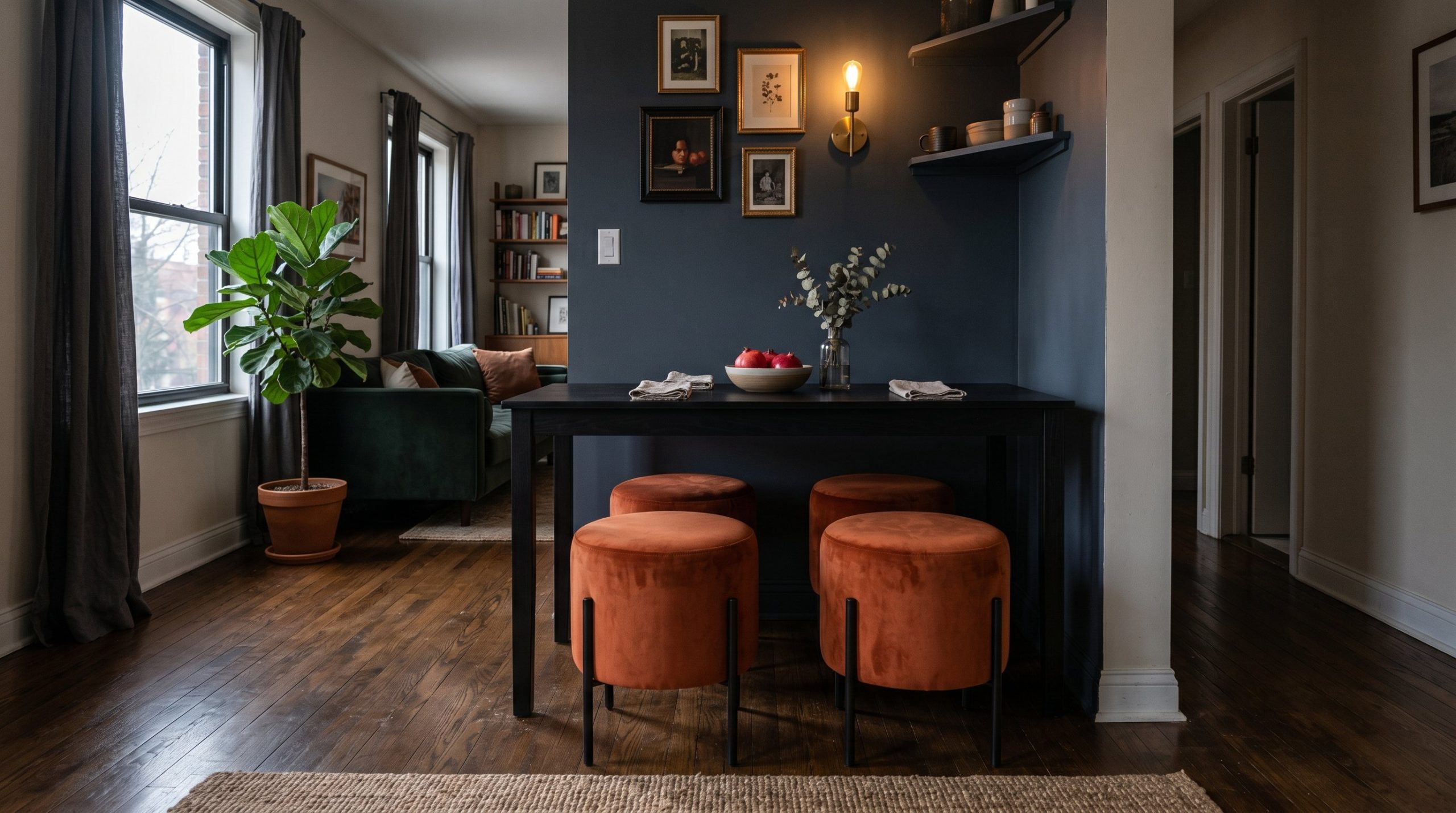 Photorealistic interior photo. Burnt orange velvet backless stools tucked entirely underneath a narrow black dining table, clean unobstructed walkway, moody dramatic lighting, straight-on angle. Edito