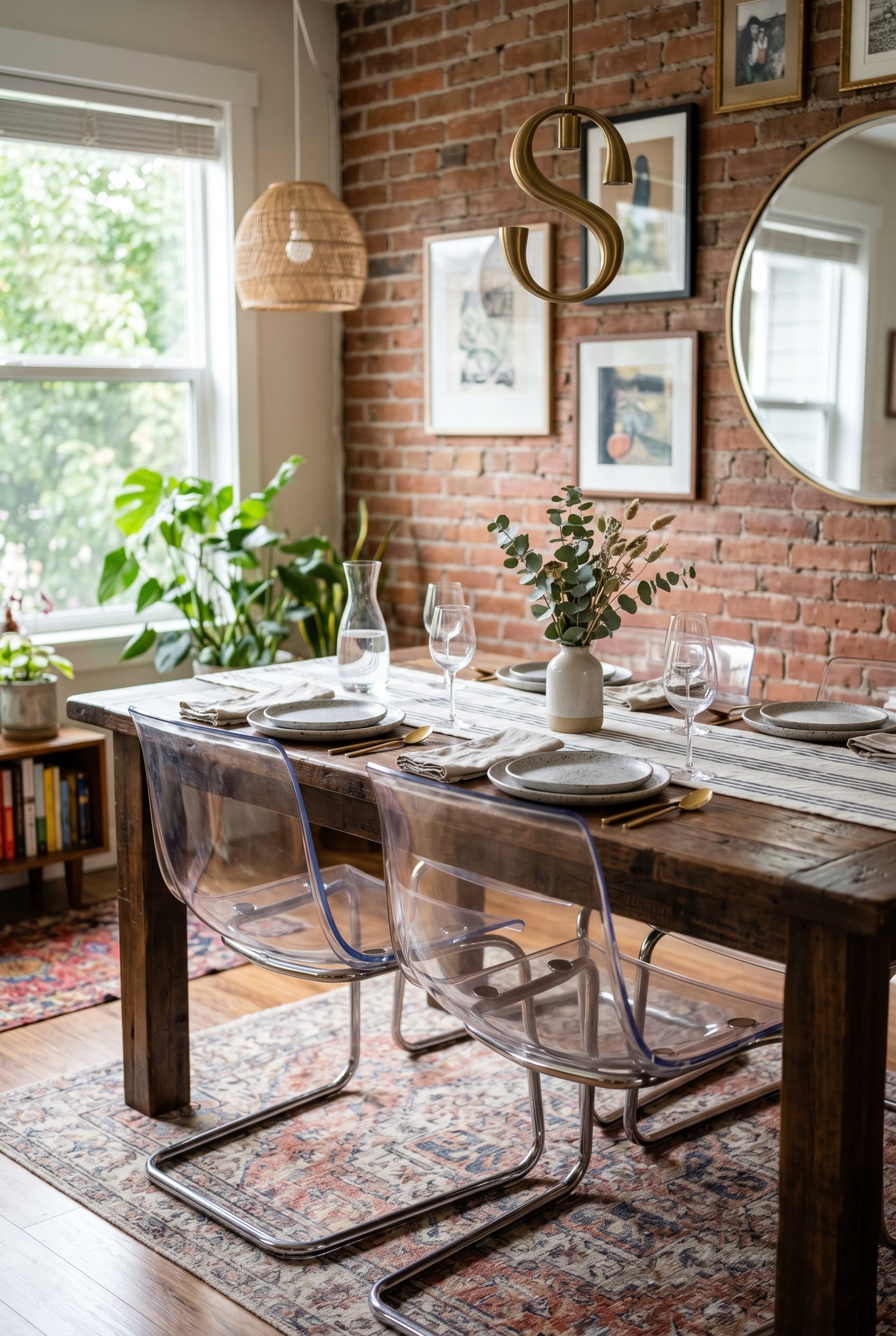 Photorealistic interior photo. Cantilevered clear lucite dining chairs tucked into a heavy reclaimed wood dining table, modern eclectic style, bright natural light, shallow depth of field. Editorial p