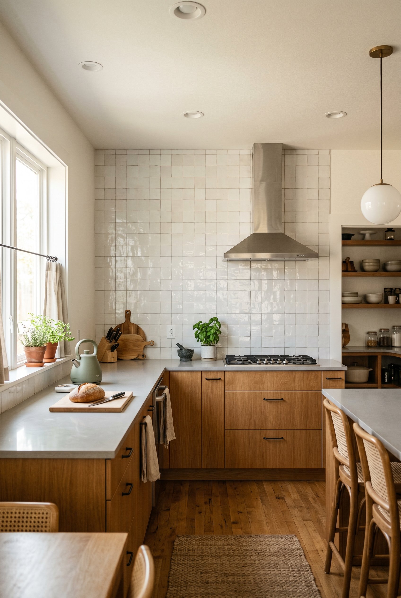 Photorealistic interior photo. Ceiling-height glossy white zellige tile backsplash in a modern kitchen. Wood cabinetry, warm daylight from the side, wide camera angle. Editorial photography style, no