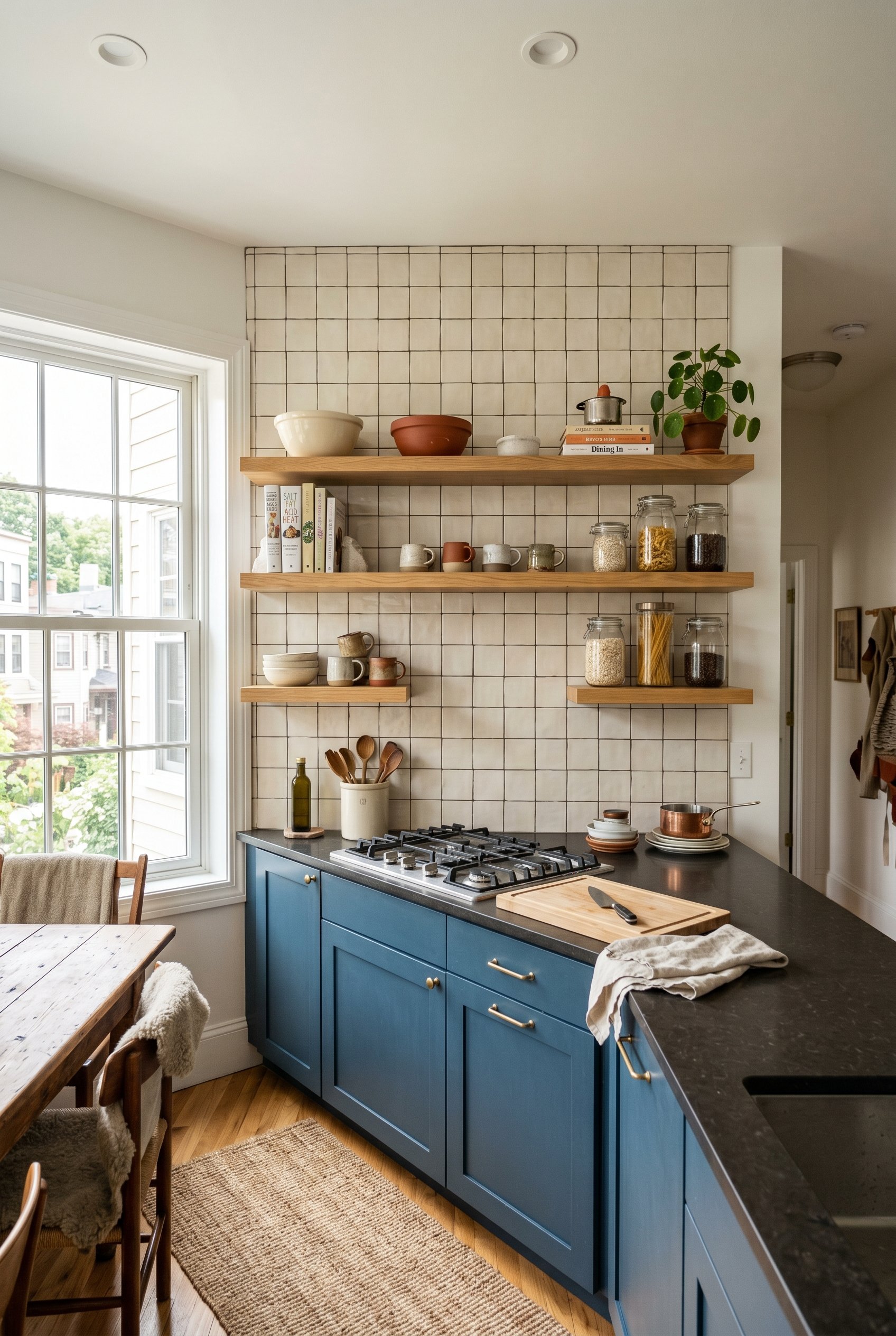 Photorealistic interior photo. Ceiling-height matte 4x4 square tile backsplash in a modern kitchen. Open wood shelving, bright morning light, wide angle shot. Editorial photography style, no people vi