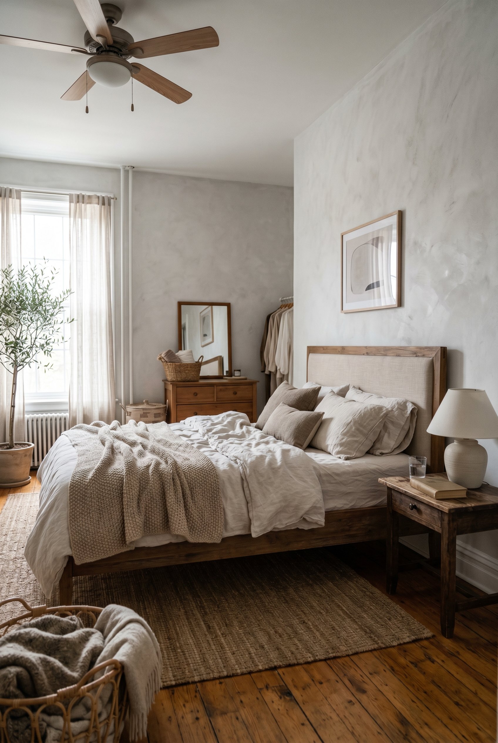 Photorealistic interior photo. Chalky grey-white limewash painted walls in a bedroom, warm wood bedframe, soft diffused light, wide shot. Editorial photography style, no people visible.