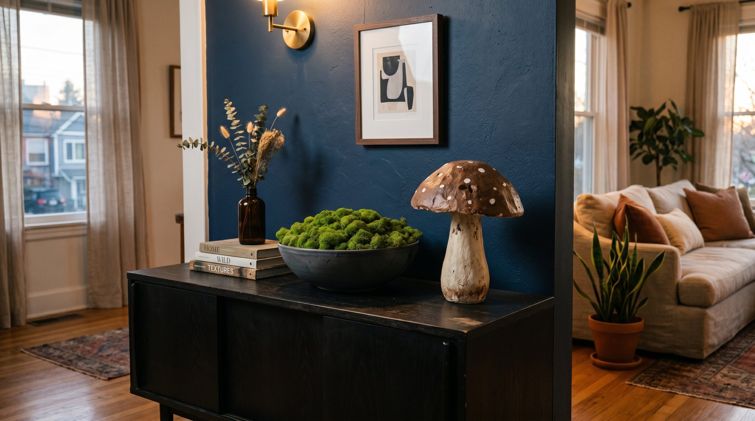 Photorealistic interior photo. Chic black wood credenza styled with a bowl of vibrant green preserved reindeer moss and a papier-mache mushroom sculpture, moody cinematic lighting. Editorial photograp