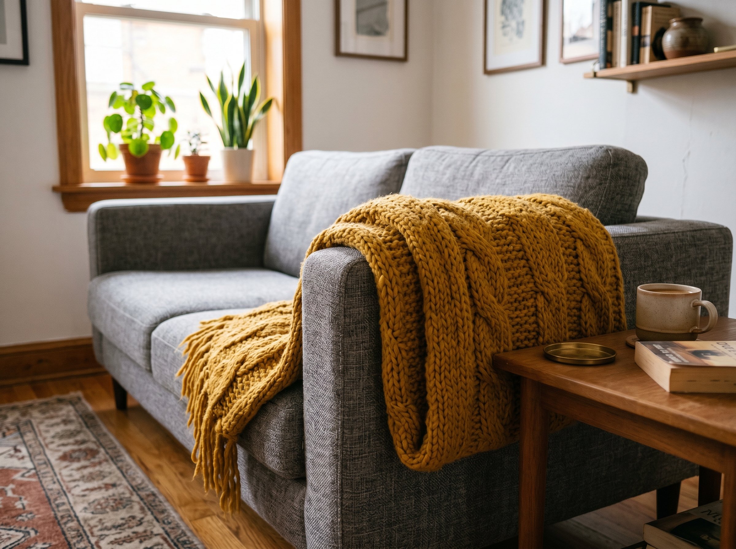 Photorealistic interior photo. Chunky knit mustard throw blanket draped casually over a gray sofa arm, cozy afternoon lighting, close-up camera angle. Editorial photography style, no people visible.