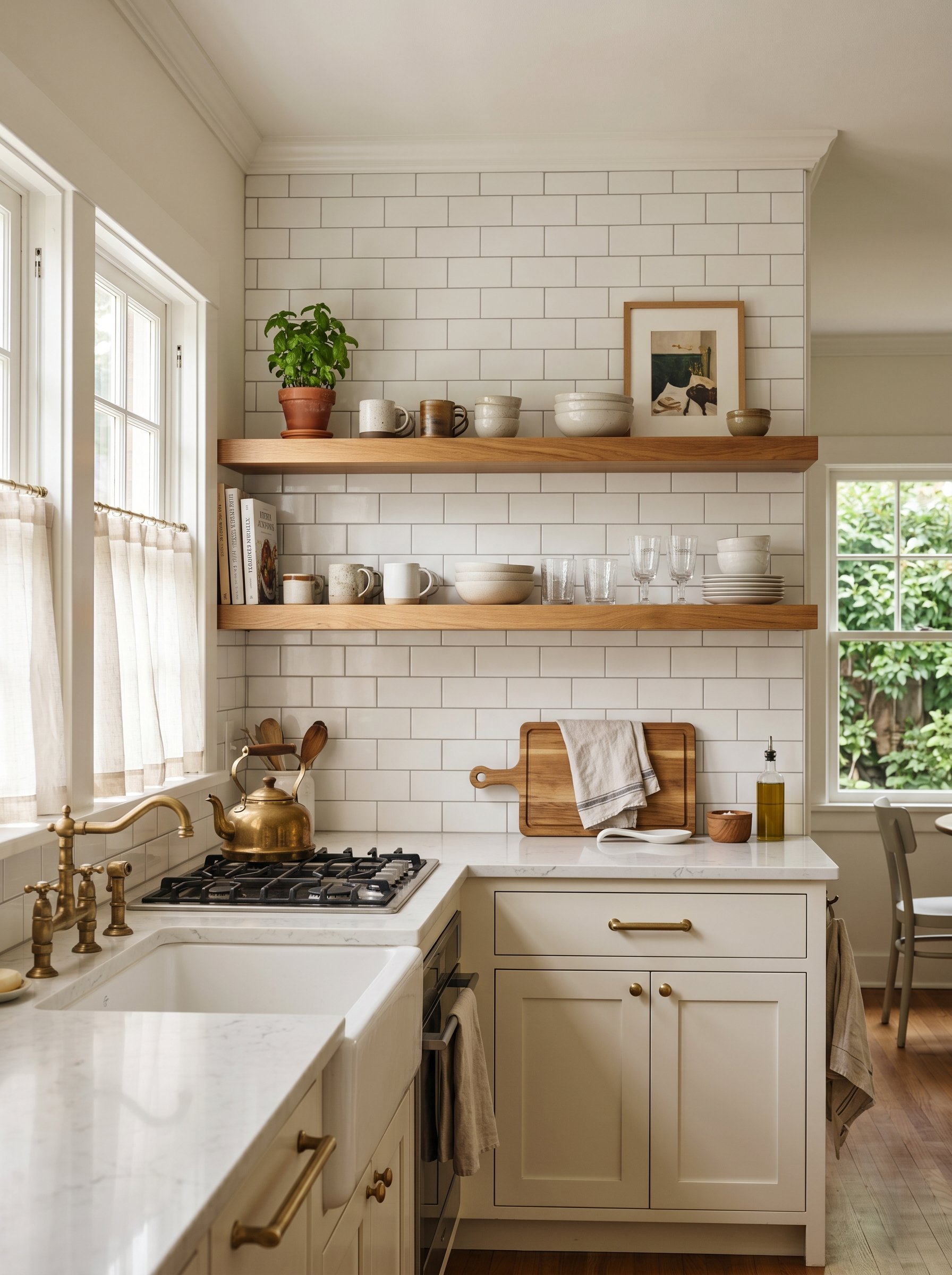 Photorealistic interior photo. Classic white 3x6 subway tile backsplash in standard brick pattern, warm wood floating shelves, unlacquered brass hardware, soft natural sunlight. Editorial photography