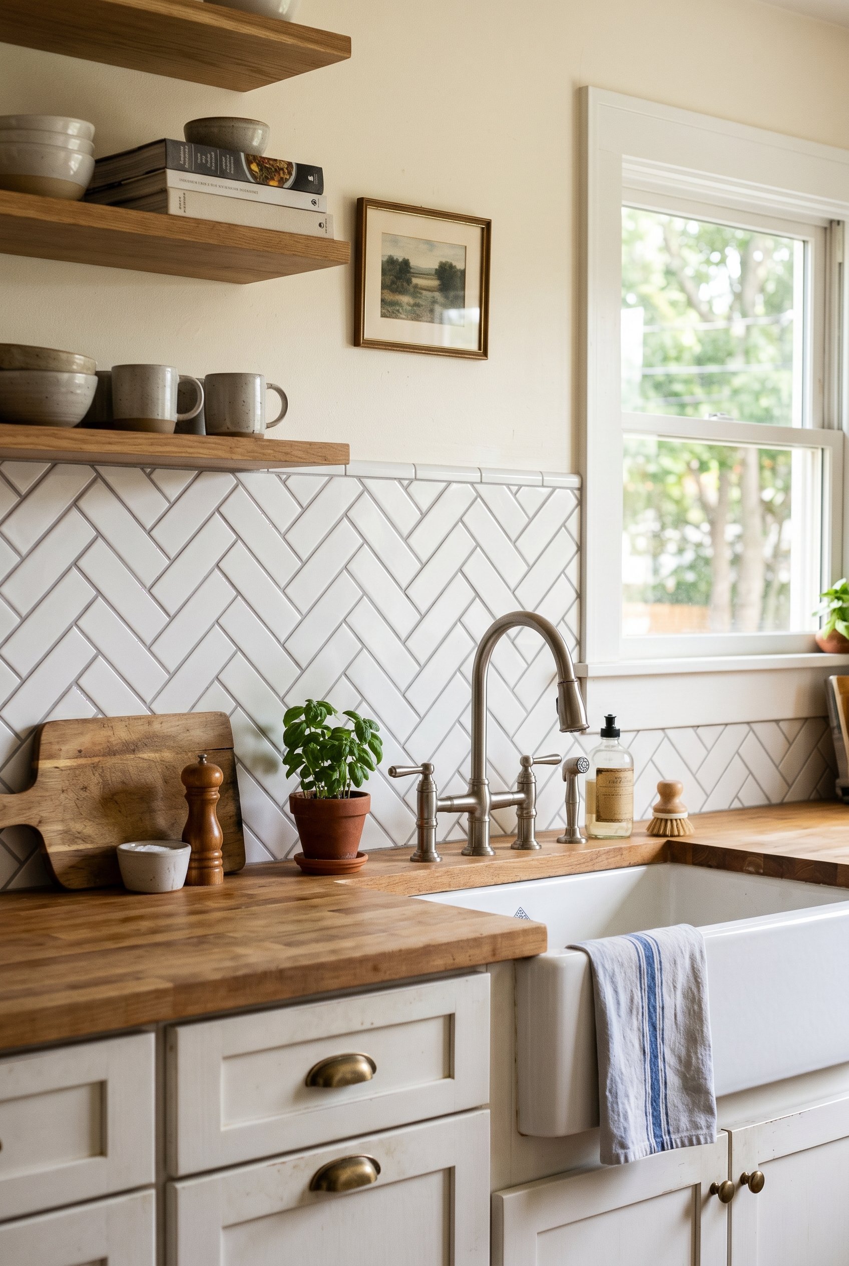 Photorealistic interior photo. Classic white subway tile installed in a complex herringbone pattern behind a kitchen sink, soft grey grout highlighting the zigzag layout. Editorial photography style,